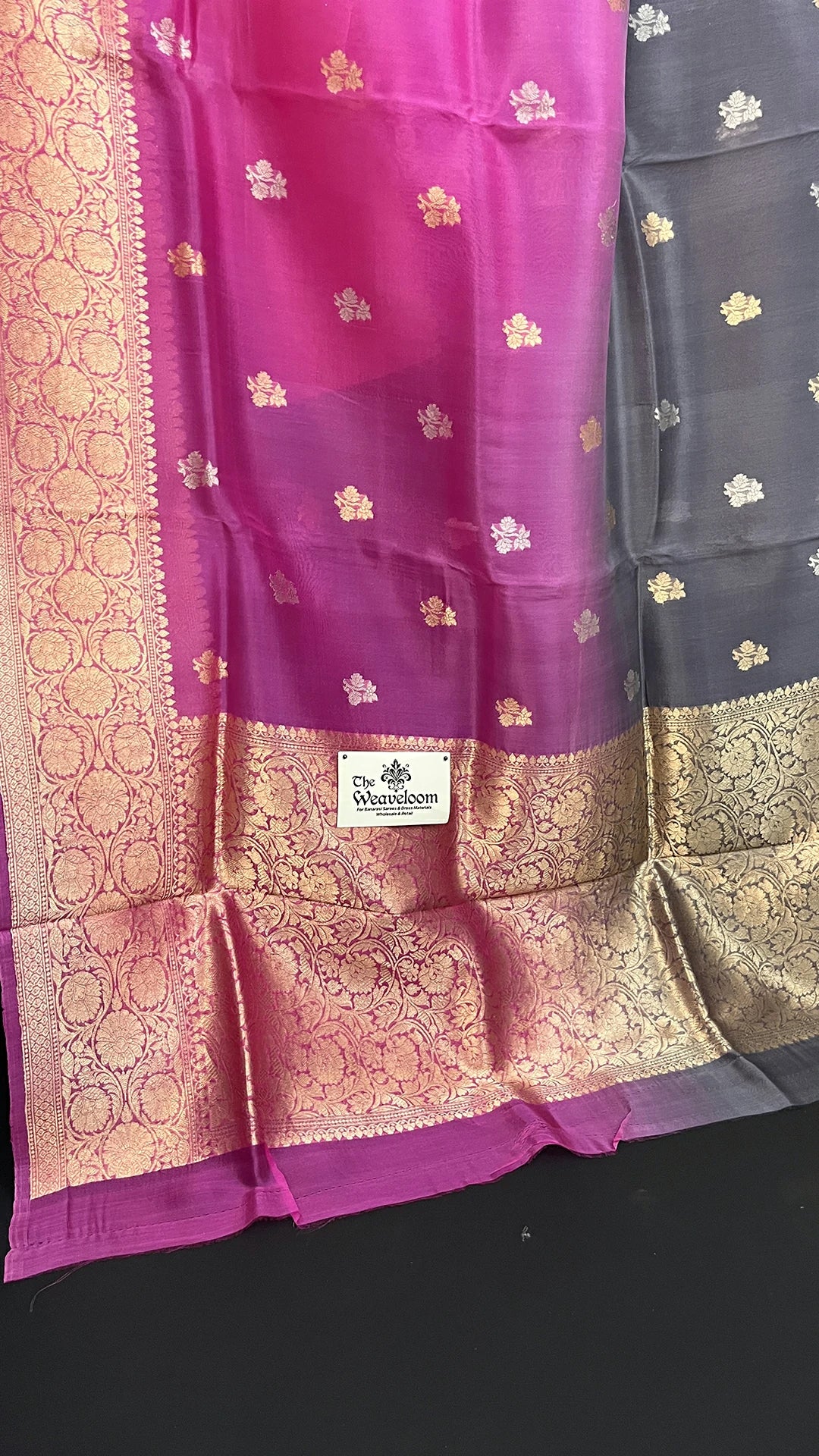 Grey and Rani Dual Color Kora Silk Banarasi Saree with Golden Zari Border Floral Buti by The Weaveloom