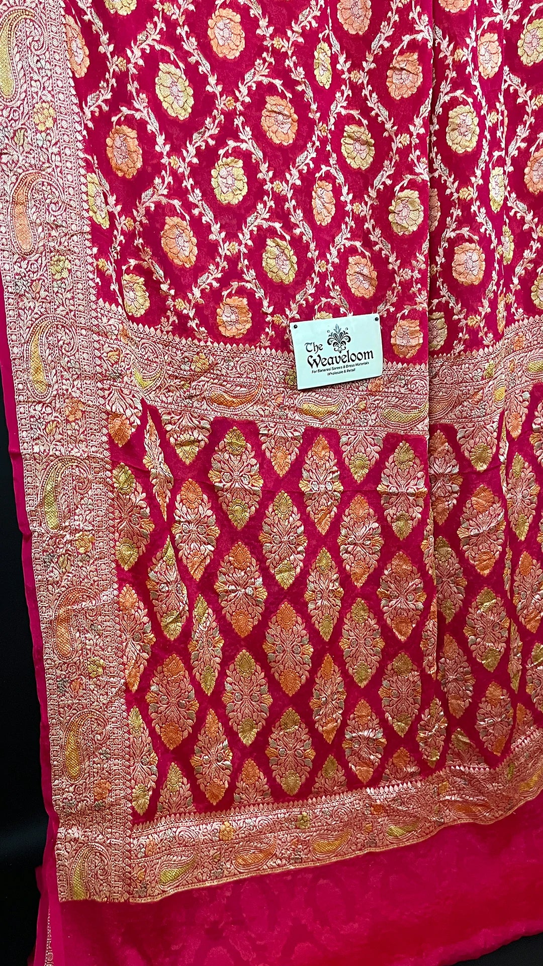 Hot Pink Crepe Georgette Pure Banarasi Saree Handbrush Zari Floral Jaal - The Weaveloom