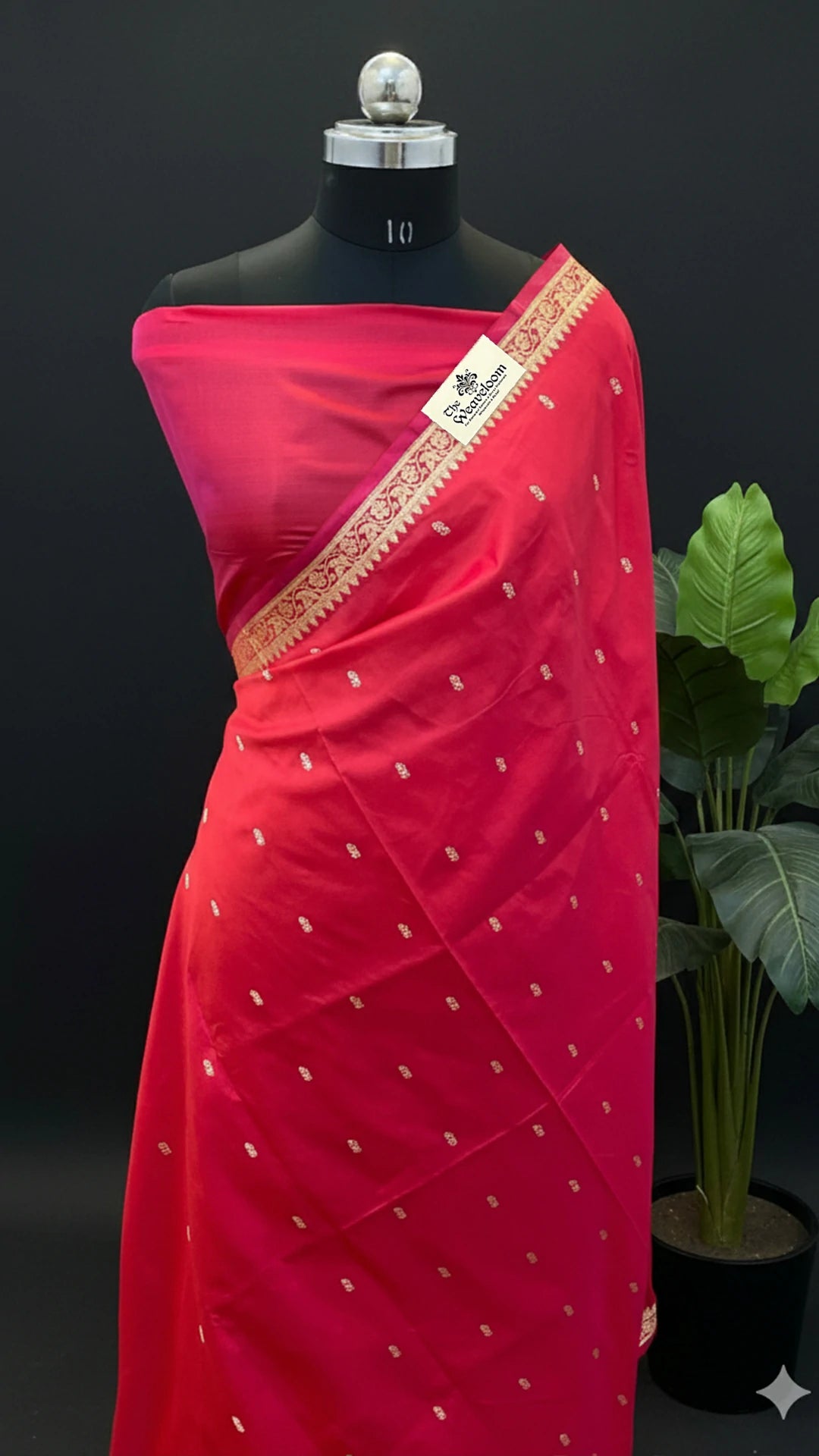 Hot Pink Katan Silk Pure Handloom Banarasi Saree with Gold Buti and Silver Zari Leaf Pallu by The Weaveloom