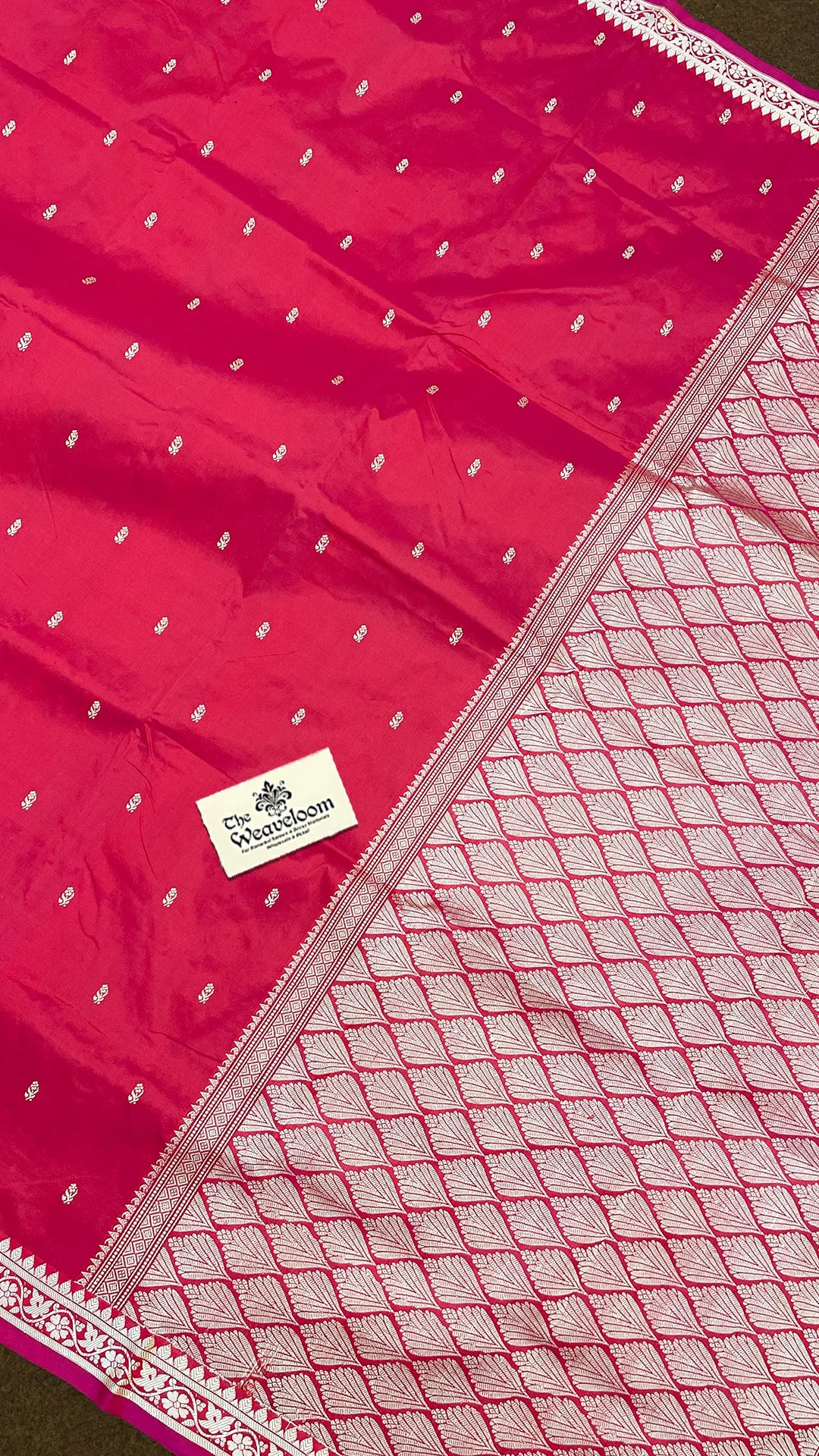 Hot Pink Katan Silk Pure Handloom Banarasi Saree with Gold Buti and Silver Zari Leaf Pallu by The Weaveloom