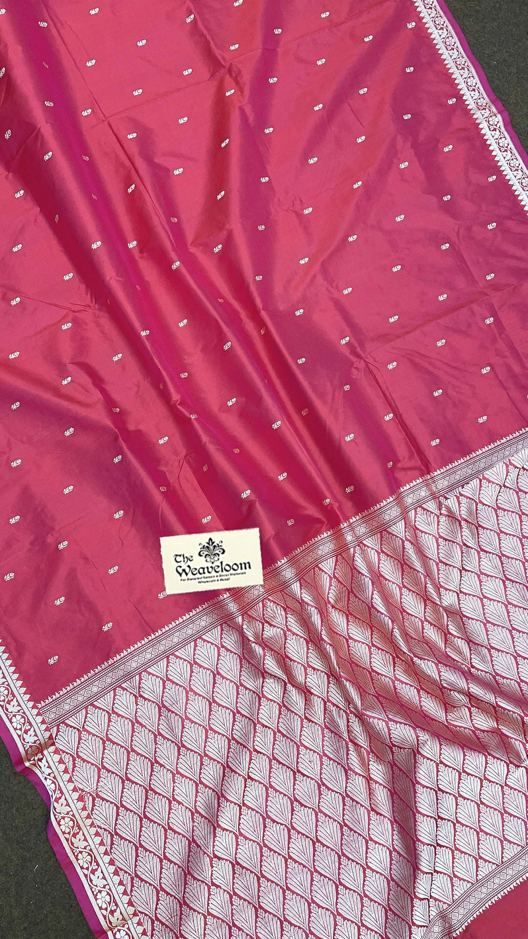 Hot Pink Katan Silk Pure Handloom Banarasi Saree with Gold Buti and Silver Zari Leaf Pallu by The Weaveloom