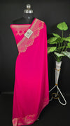 Hot Pink Khaddi Georgette Water Zari Pure Banarasi Saree - Handbrush Zari Floral Scalloped Border | The Weaveloom