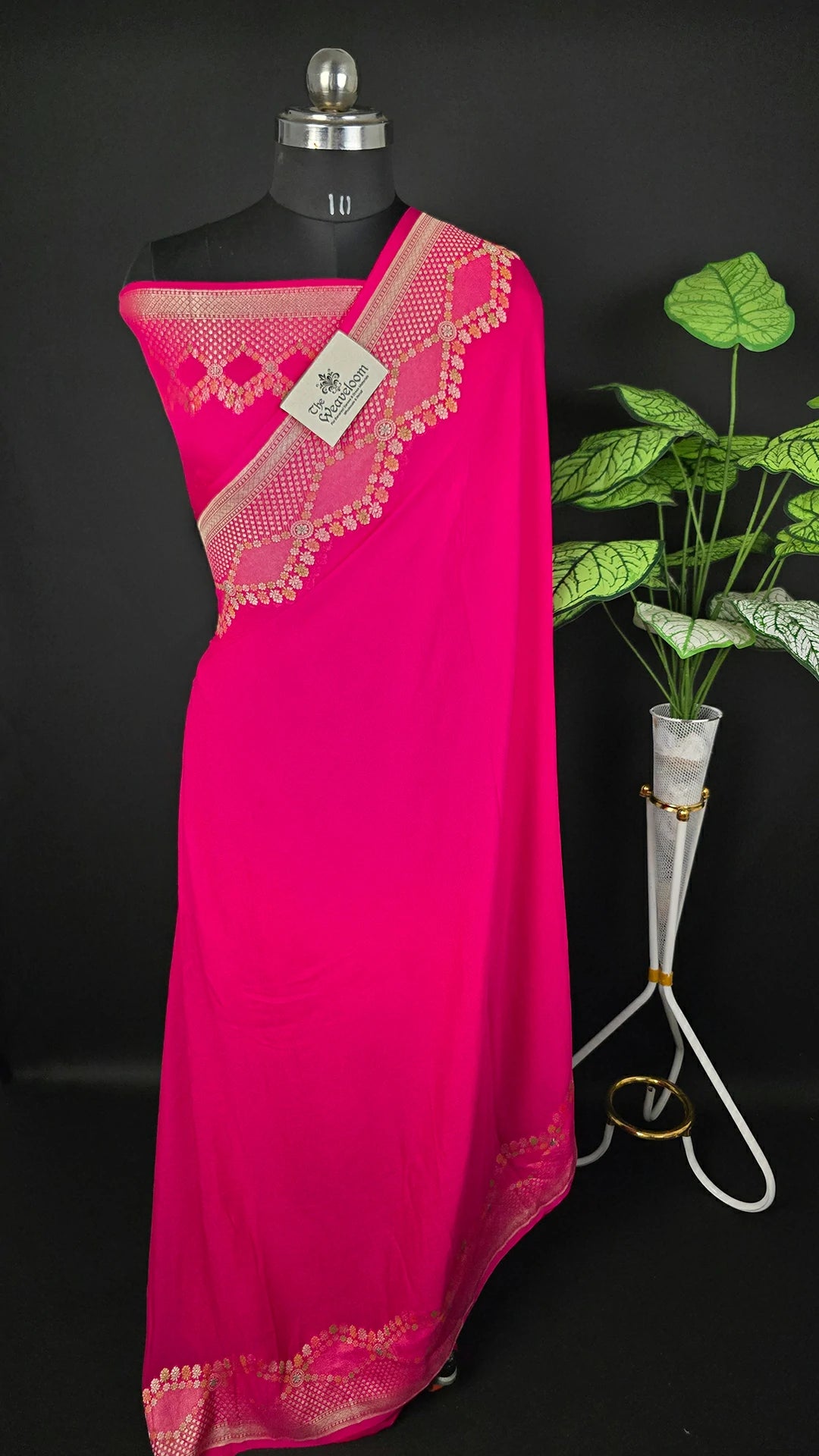 Hot Pink Khaddi Georgette Water Zari Pure Banarasi Saree - Handbrush Zari Floral Scalloped Border | The Weaveloom