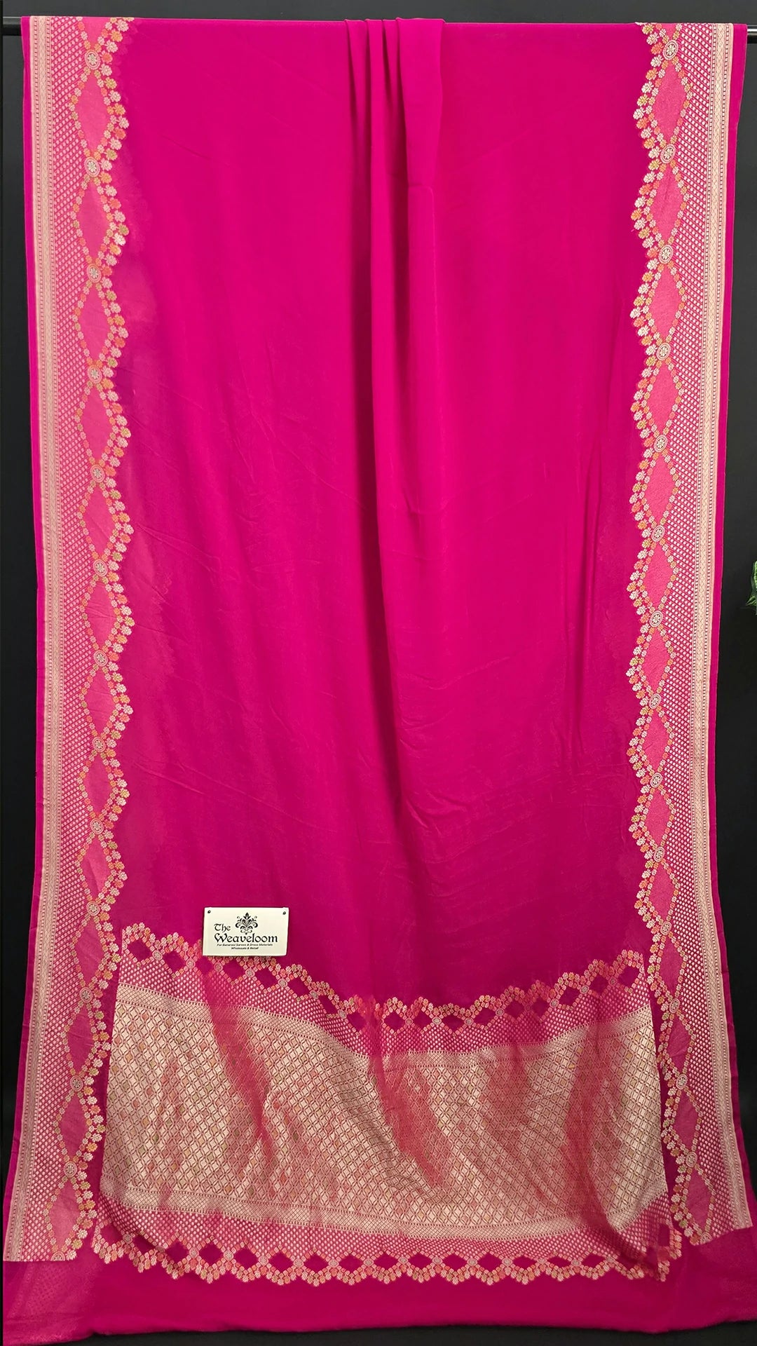 Hot Pink Khaddi Georgette Water Zari Pure Banarasi Saree - Handbrush Zari Floral Scalloped Border | The Weaveloom