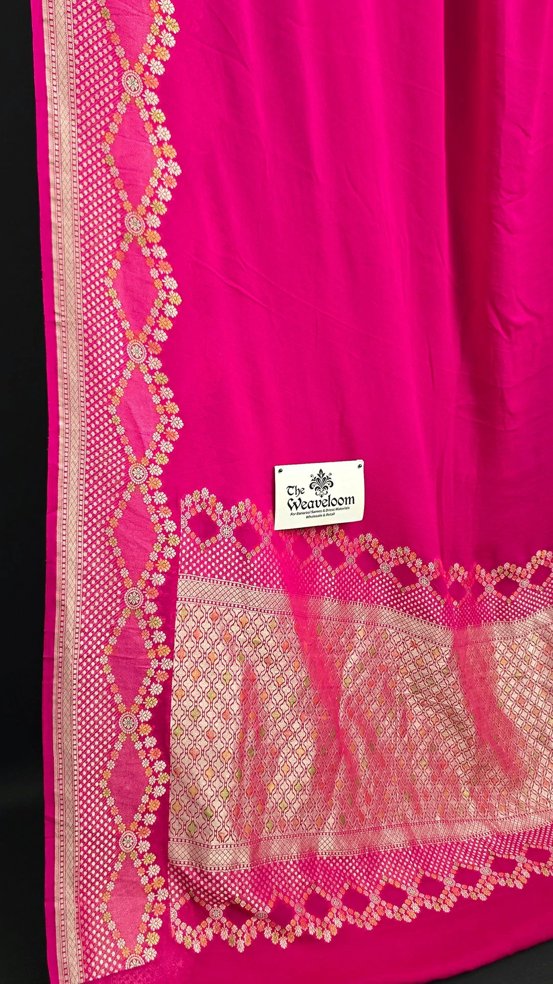 Hot Pink Khaddi Georgette Water Zari Pure Banarasi Saree - Handbrush Zari Floral Scalloped Border | The Weaveloom