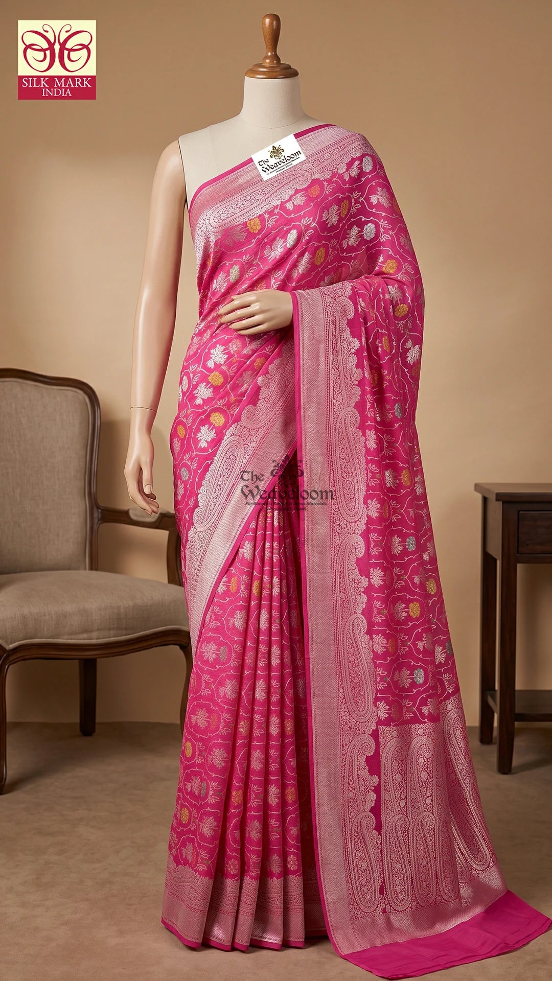 Hot Pink Meenakari Floral Tussar Georgette Pure Banarasi Saree by The Weaveloom