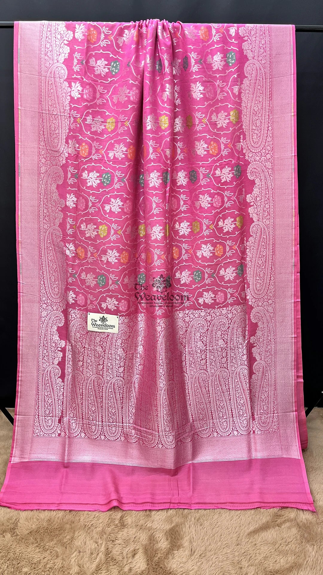 Hot Pink Meenakari Floral Tussar Georgette Pure Banarasi Saree by The Weaveloom