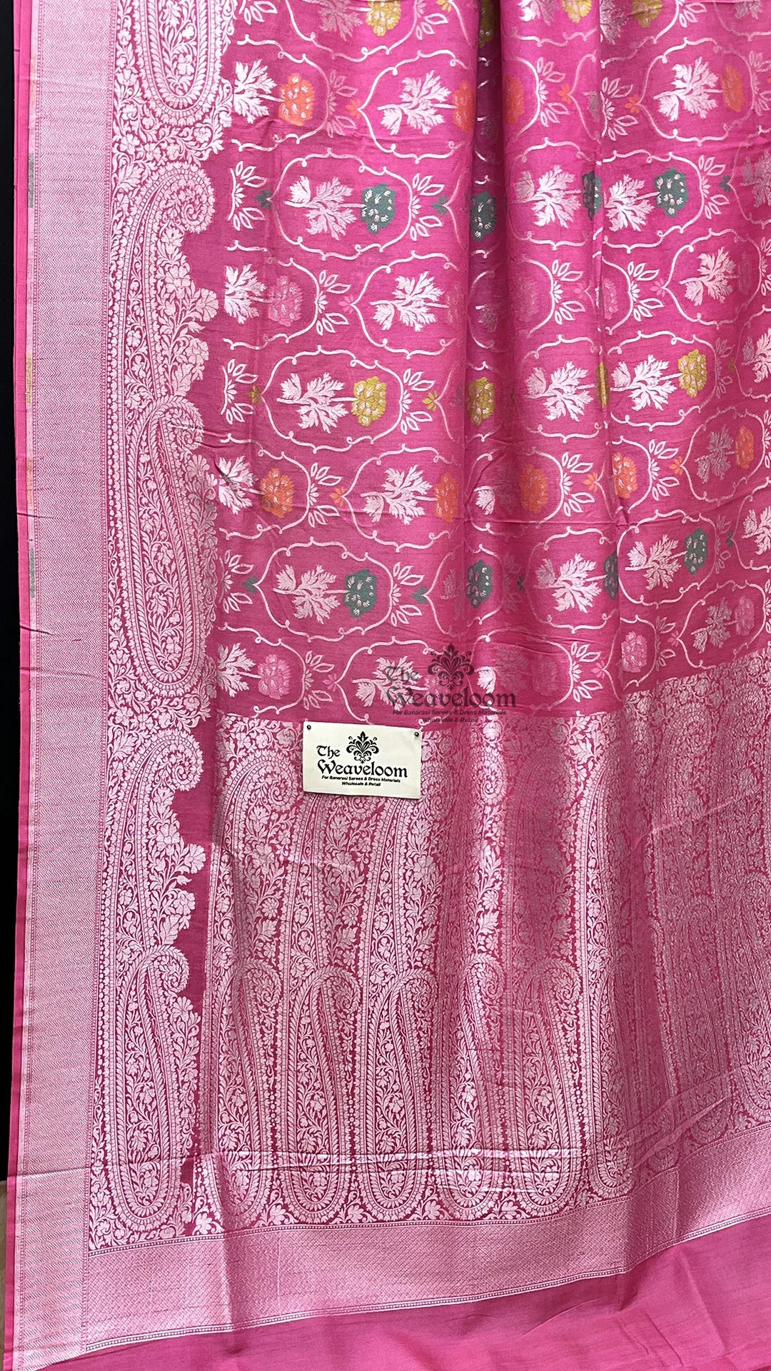 Hot Pink Meenakari Floral Tussar Georgette Pure Banarasi Saree by The Weaveloom