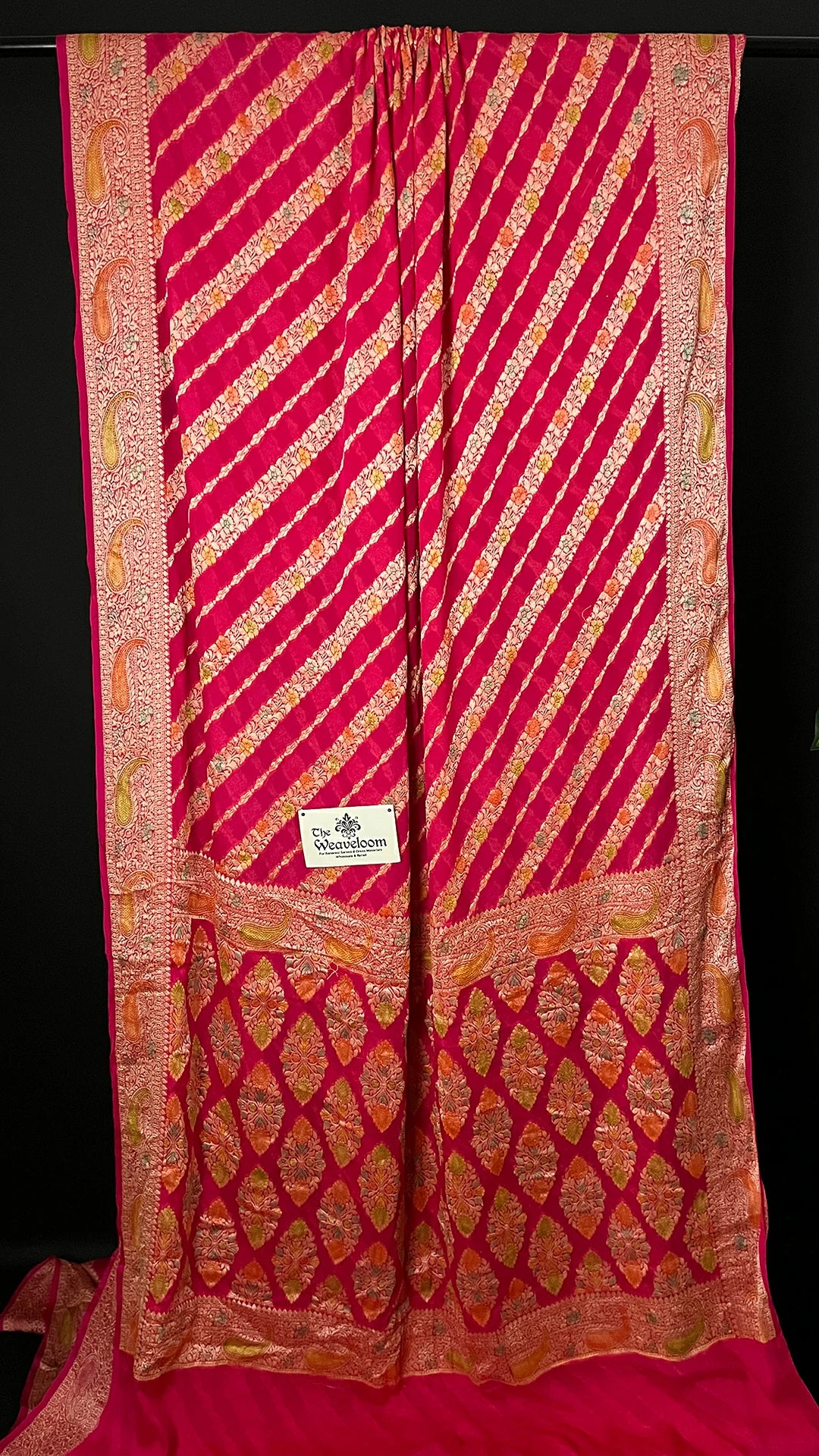 The Weaveloom - Hot Pink Pure Crepe Georgette Banarasi Saree with Handbrush Zari Work and Paisley Border