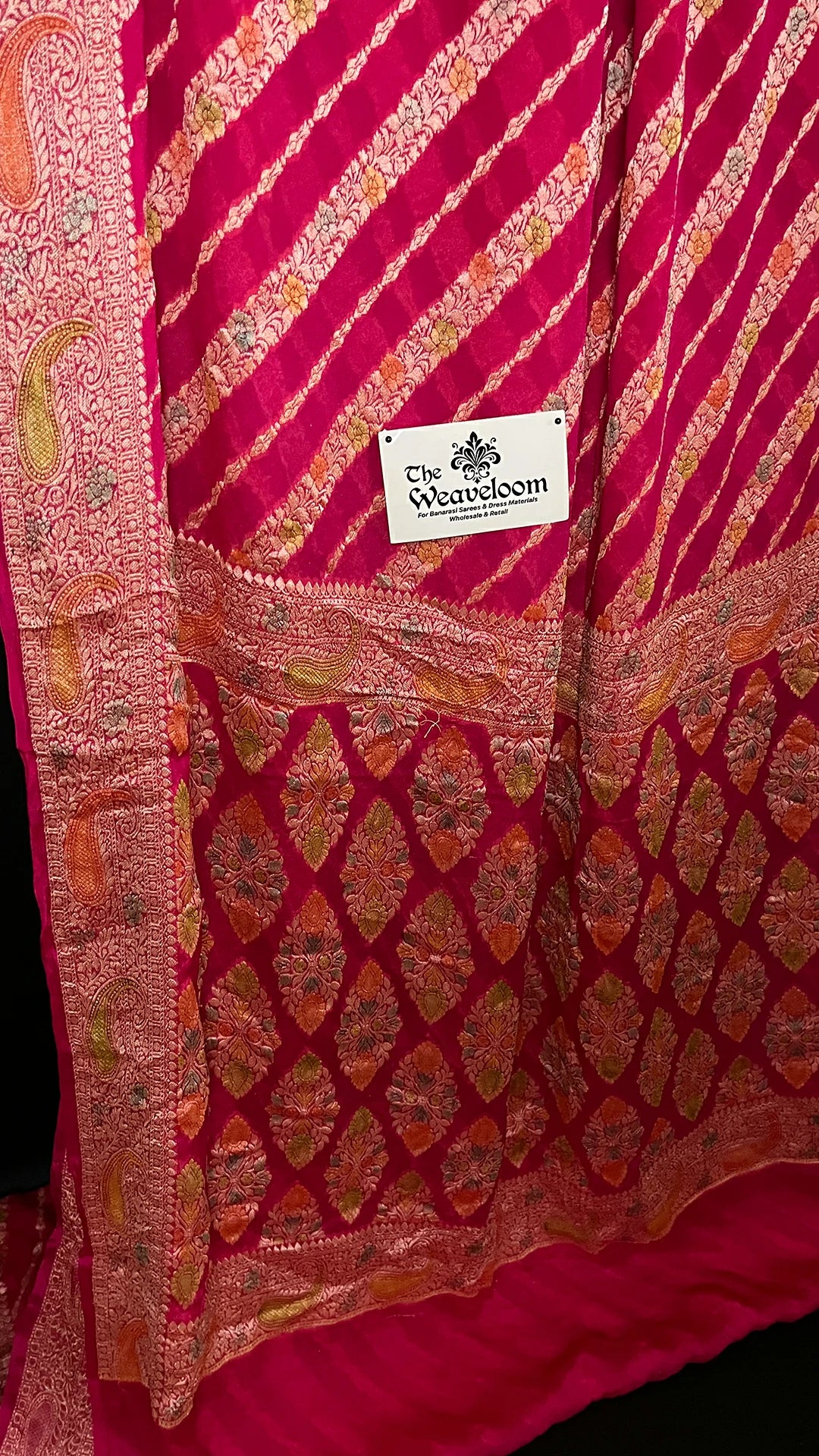 The Weaveloom - Hot Pink Pure Crepe Georgette Banarasi Saree with Handbrush Zari Work and Paisley Border