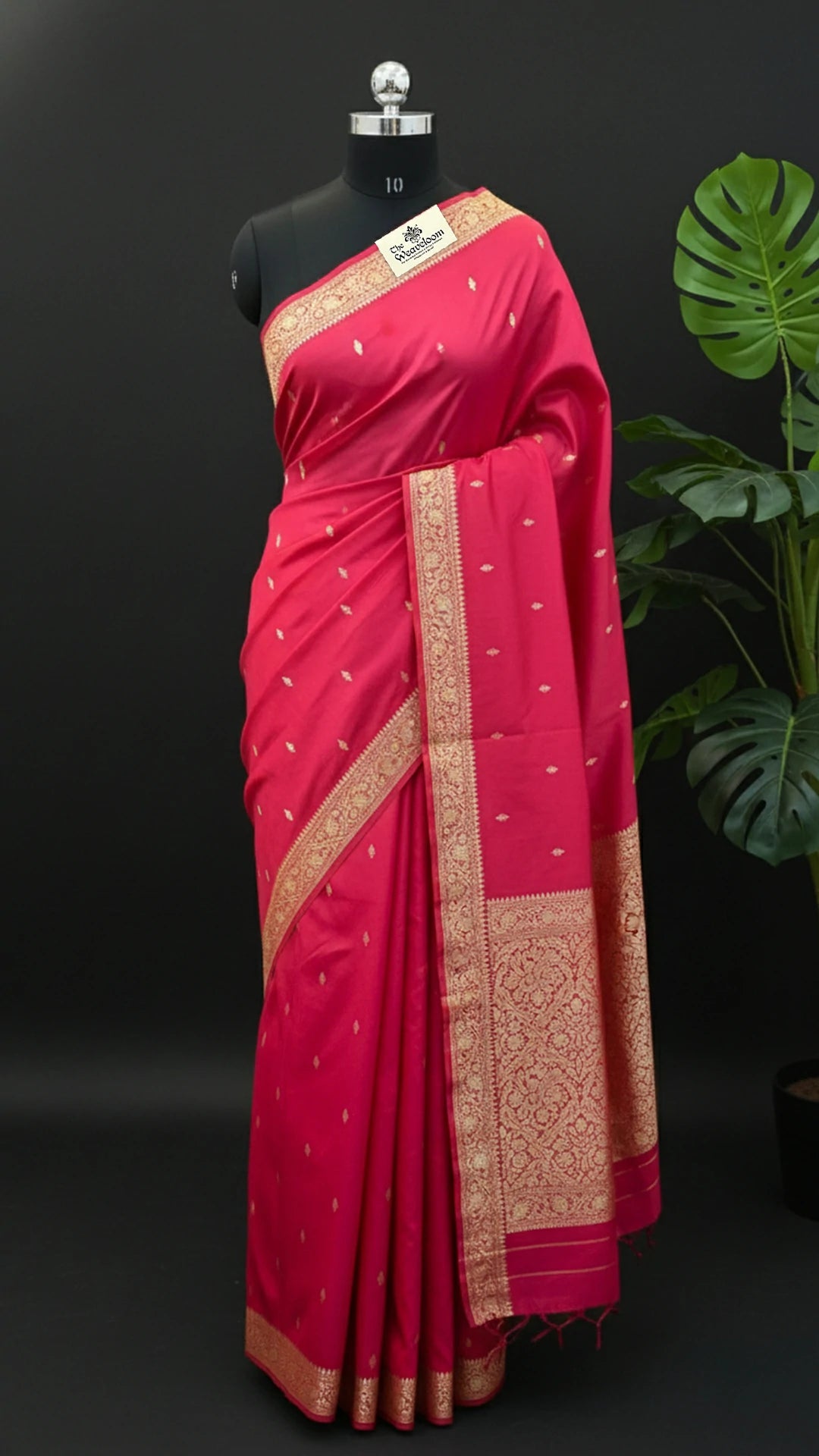 Hot Pink Pure Katan Silk Banarasi Saree with Gold Zari Buti & Floral Border