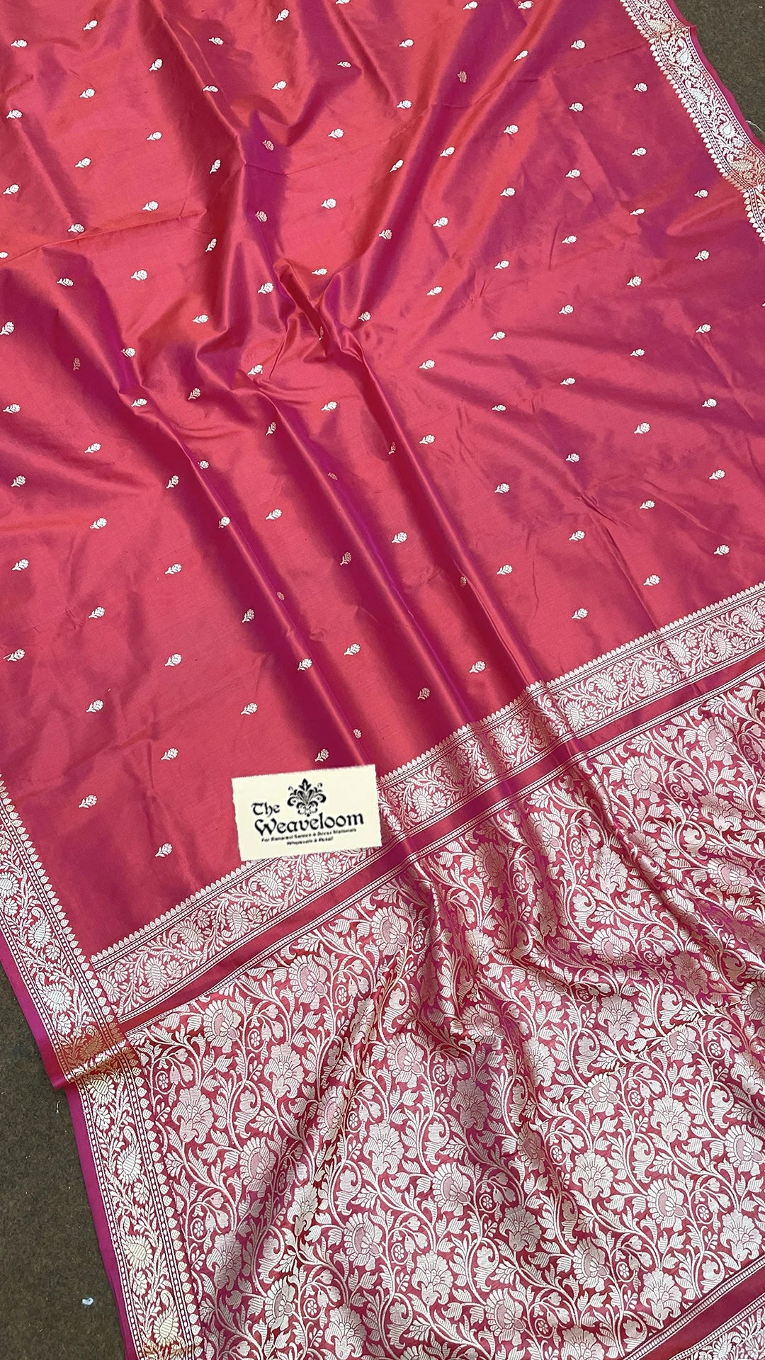 Hot Pink Pure Katan Silk Banarasi Saree with Gold Zari Buti & Floral Border