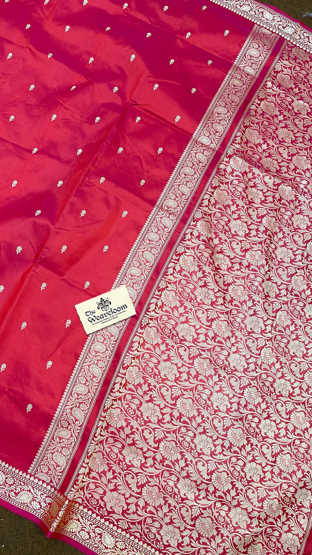 Hot Pink Pure Katan Silk Banarasi Saree with Gold Zari Buti & Floral Border