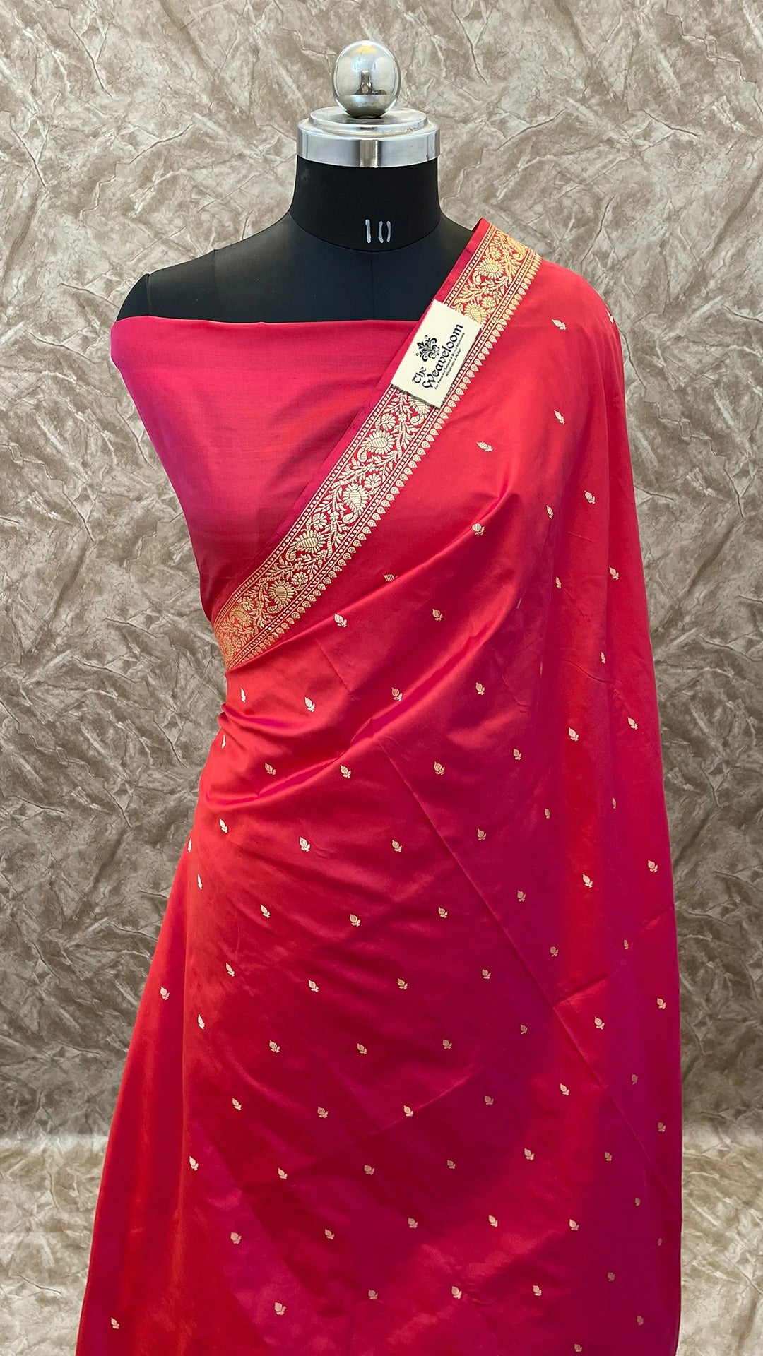 Hot Pink Pure Katan Silk Banarasi Saree with Gold Zari Buti & Floral Border