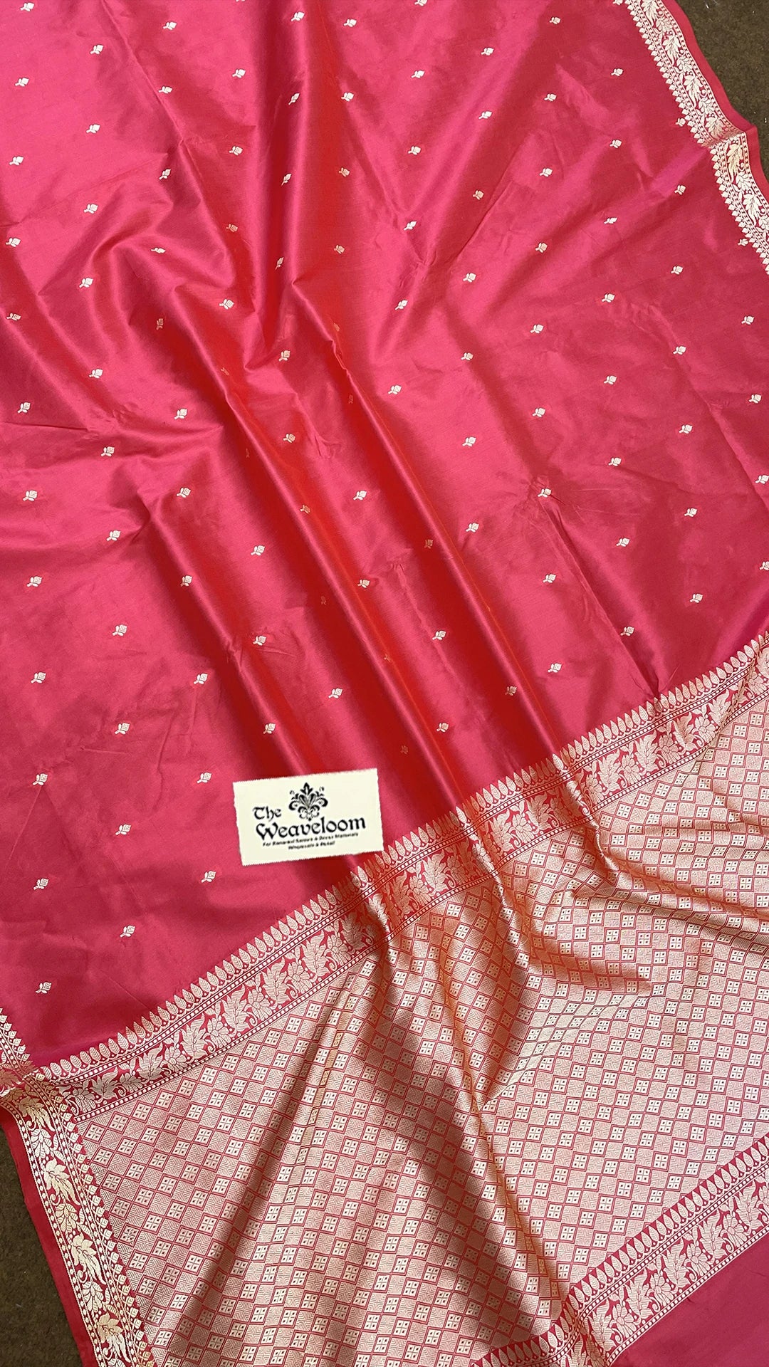 Hot Pink Pure Katan Silk Handloom Banarasi Saree with Silver Zari Buti and Traditional Border by The Weaveloom