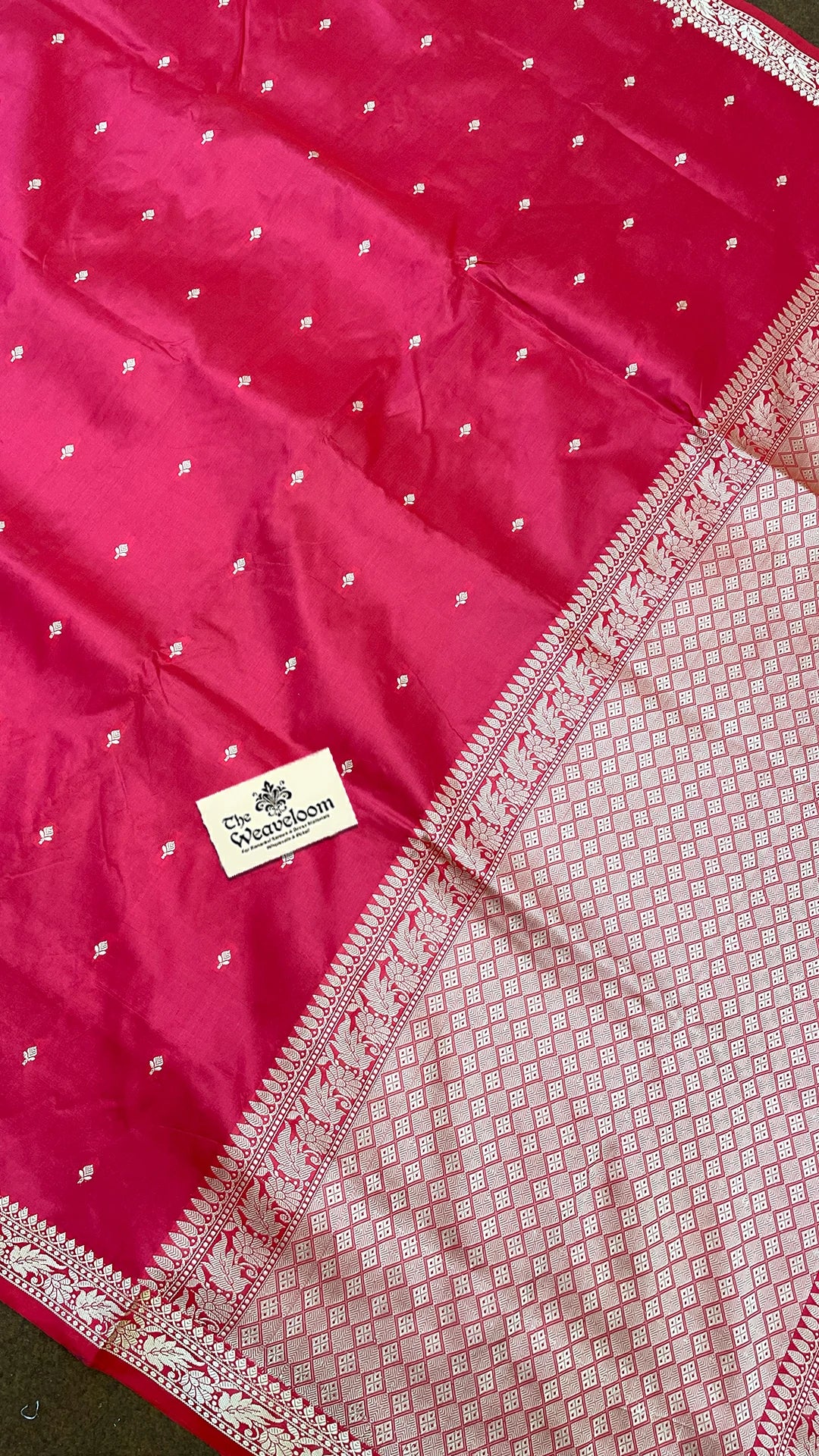 Hot Pink Pure Katan Silk Handloom Banarasi Saree with Silver Zari Buti and Traditional Border by The Weaveloom