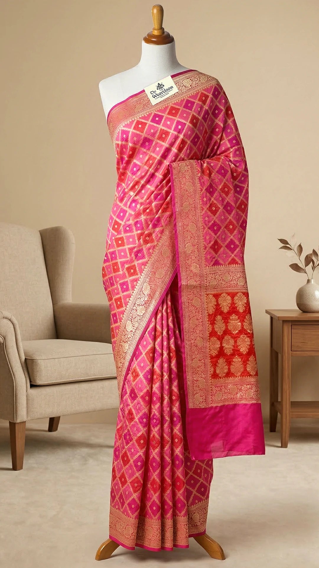 Hot Pink Rangkat Multicolor Crepe Georgette Pure Banarasi Saree with Golden Zari Diamond Jaal The Weaveloom
