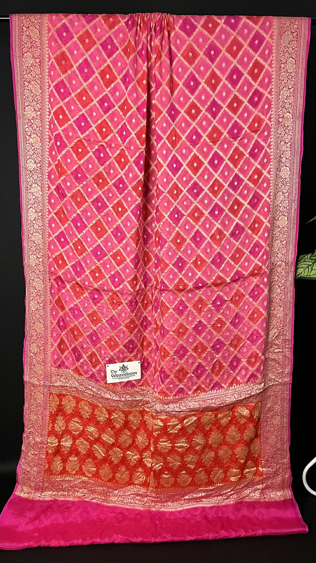Hot Pink Rangkat Multicolor Crepe Georgette Pure Banarasi Saree with Golden Zari Diamond Jaal The Weaveloom