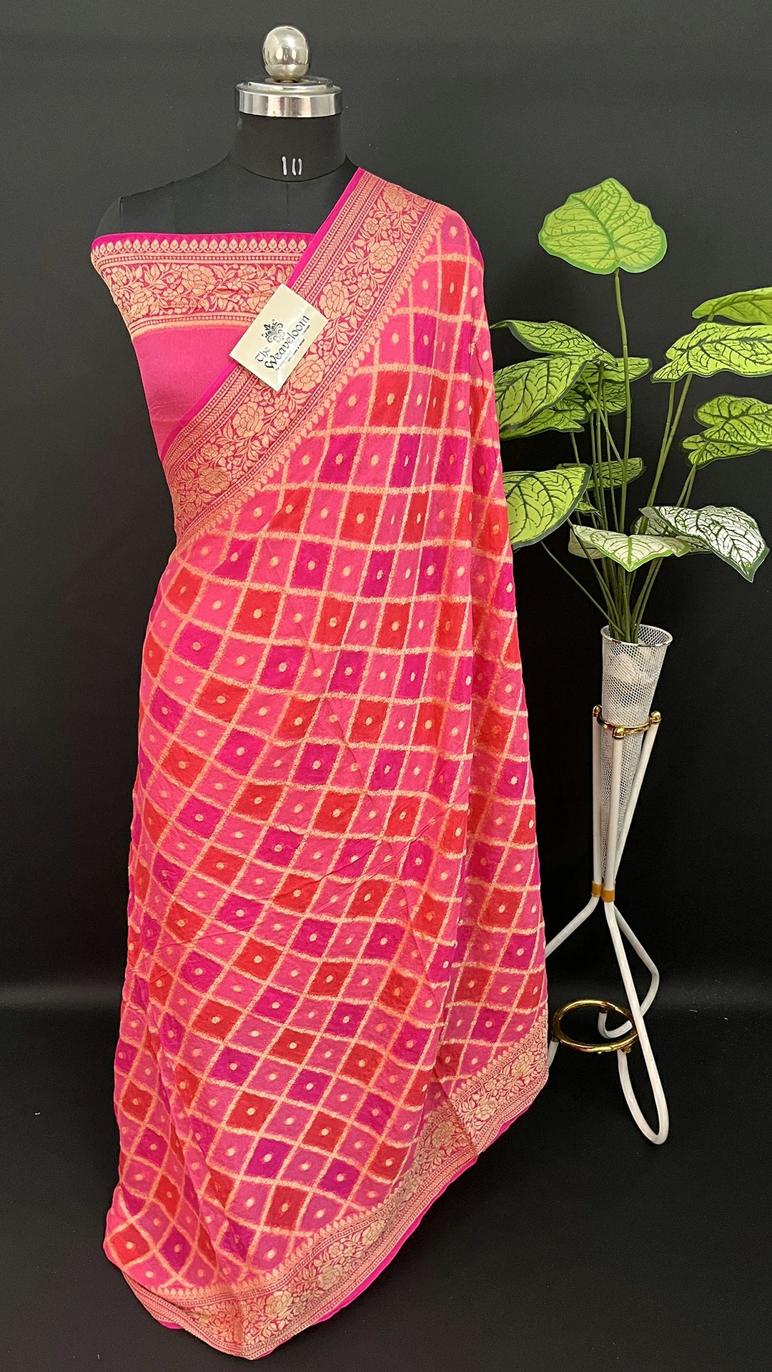 Hot Pink Rangkat Multicolor Crepe Georgette Pure Banarasi Saree with Golden Zari Diamond Jaal The Weaveloom