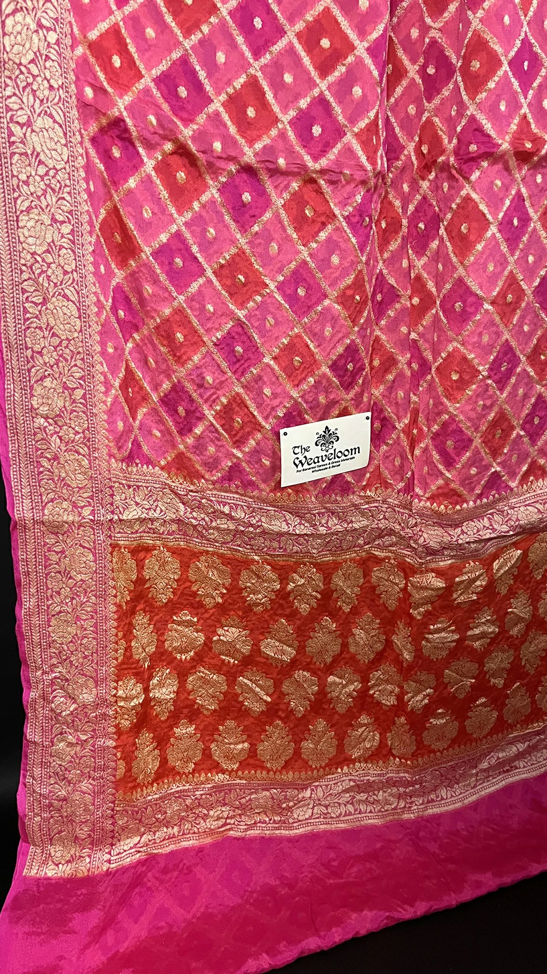 Hot Pink Rangkat Multicolor Crepe Georgette Pure Banarasi Saree with Golden Zari Diamond Jaal The Weaveloom