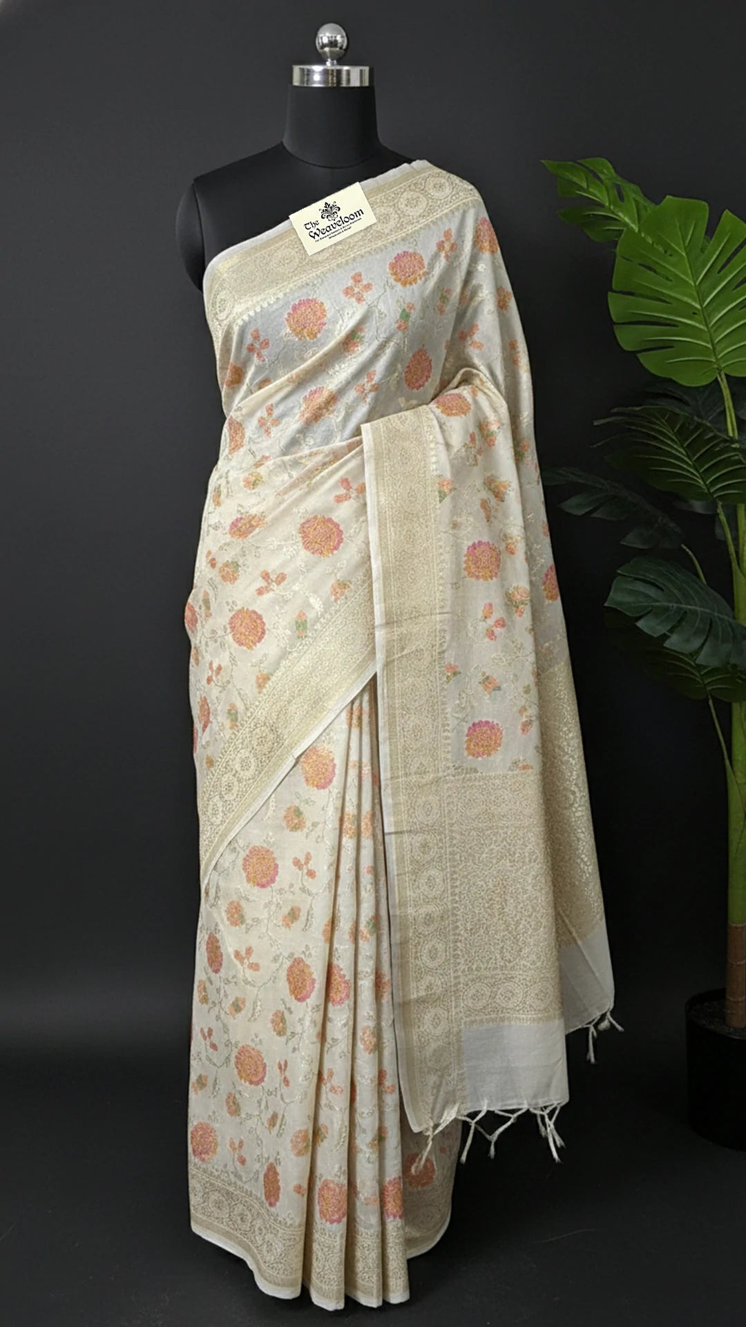 Ivory Floral Meenakari Munga Silk Pure Banarasi Saree with Gold Zari Border by The Weaveloom