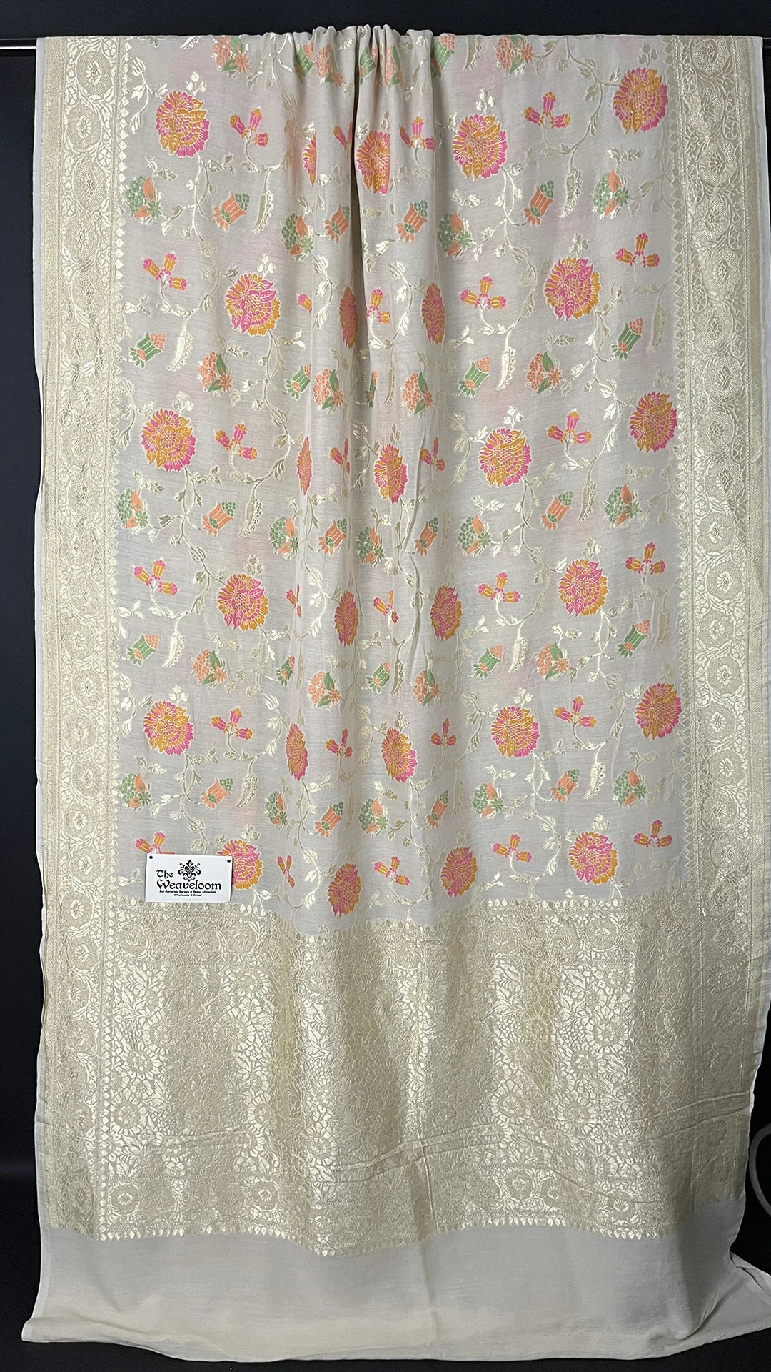 Ivory Floral Meenakari Munga Silk Pure Banarasi Saree with Gold Zari Border by The Weaveloom