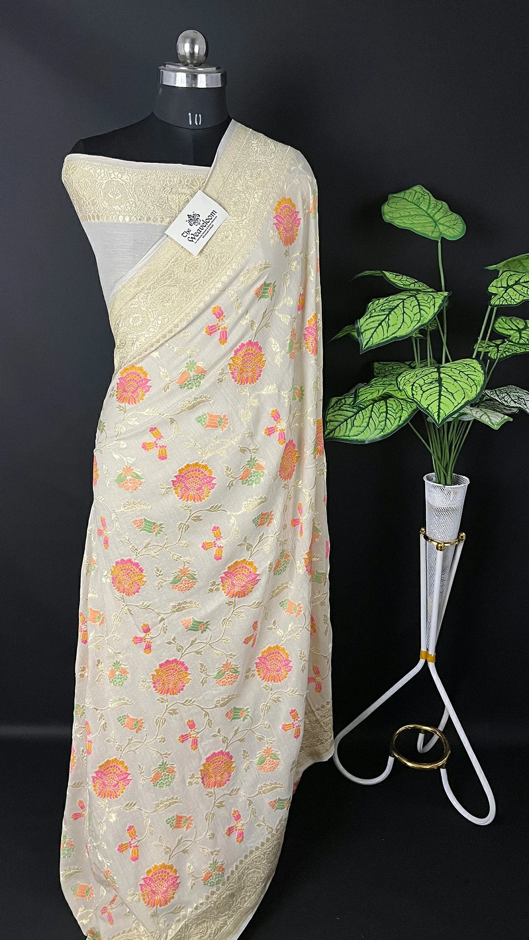 Ivory Floral Meenakari Munga Silk Pure Banarasi Saree with Gold Zari Border by The Weaveloom
