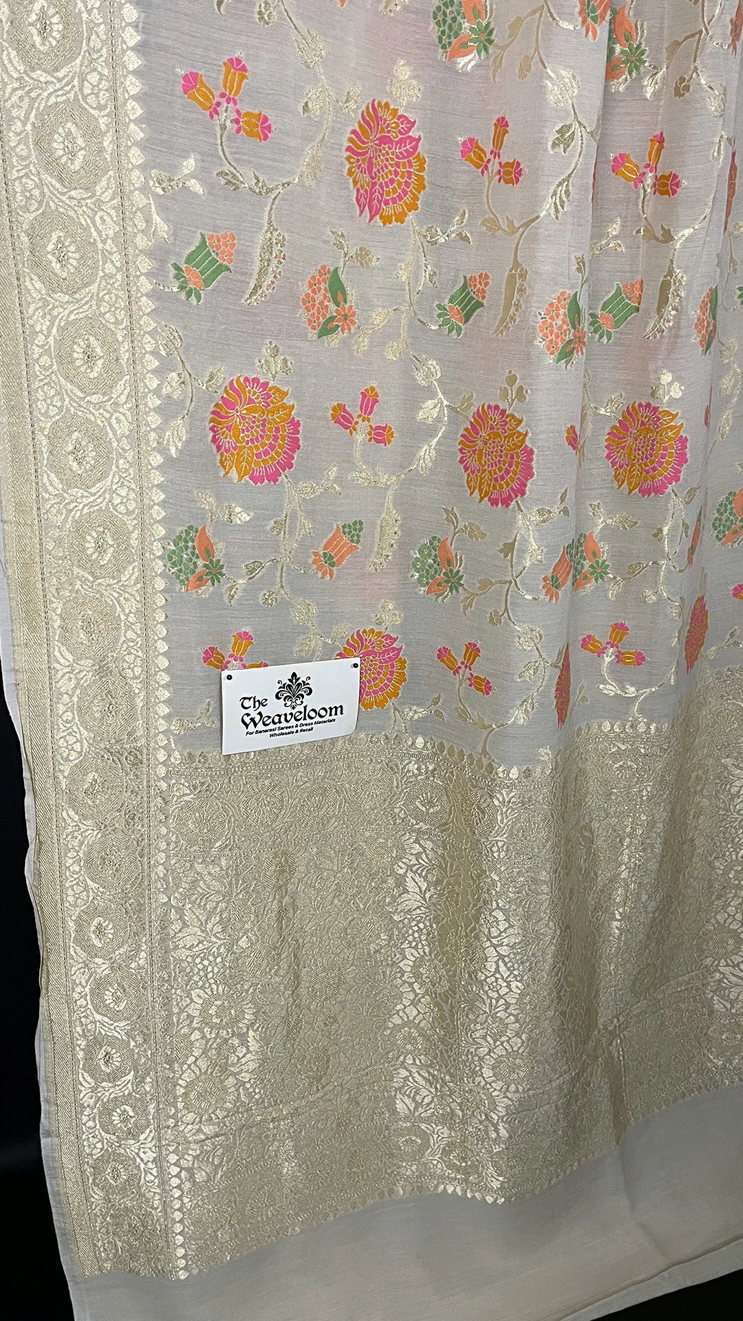 Ivory Floral Meenakari Munga Silk Pure Banarasi Saree with Gold Zari Border by The Weaveloom