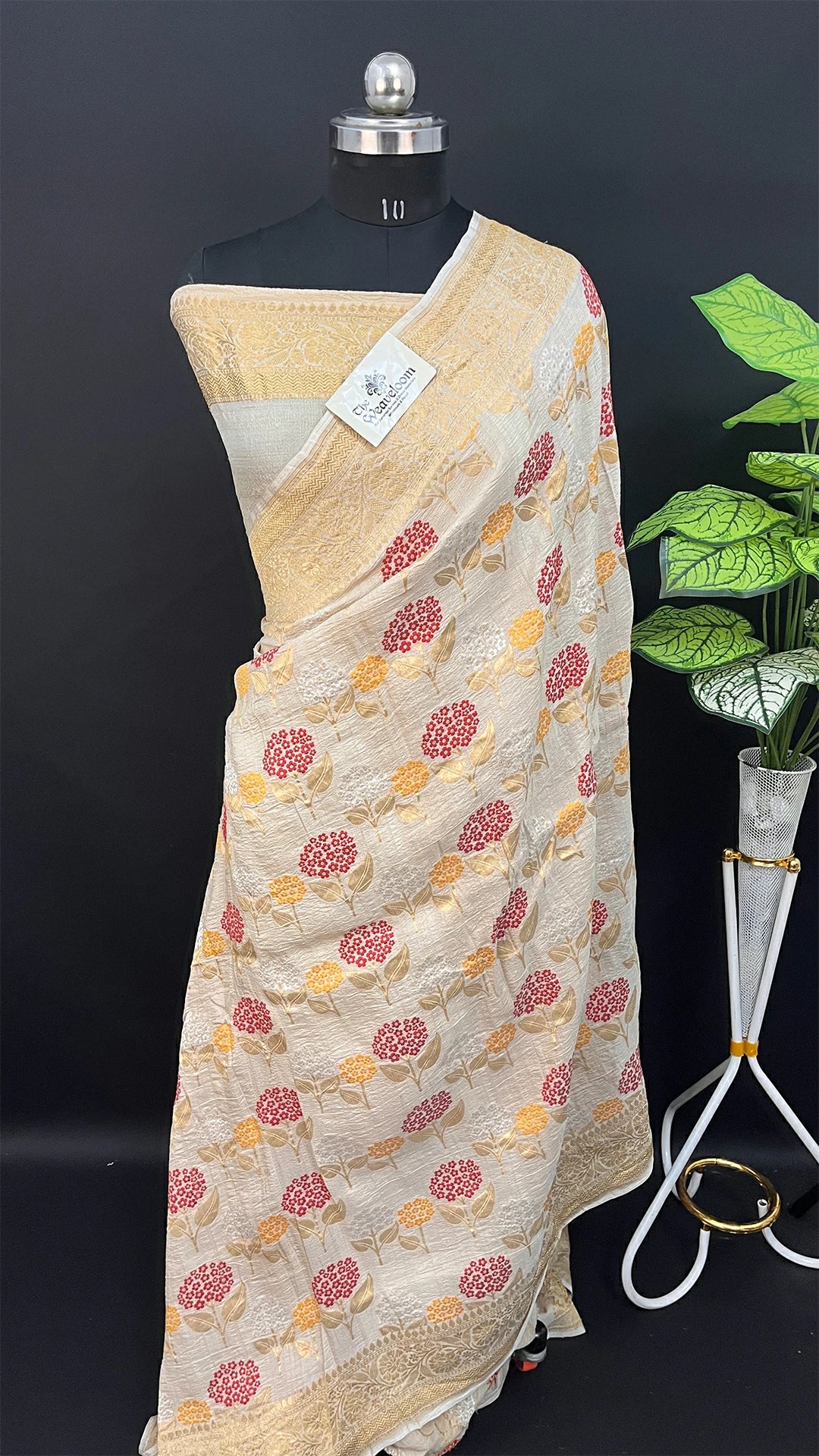 Ivory Floral Meenakari Tussar Georgette Pure Banarasi Saree by The Weaveloom