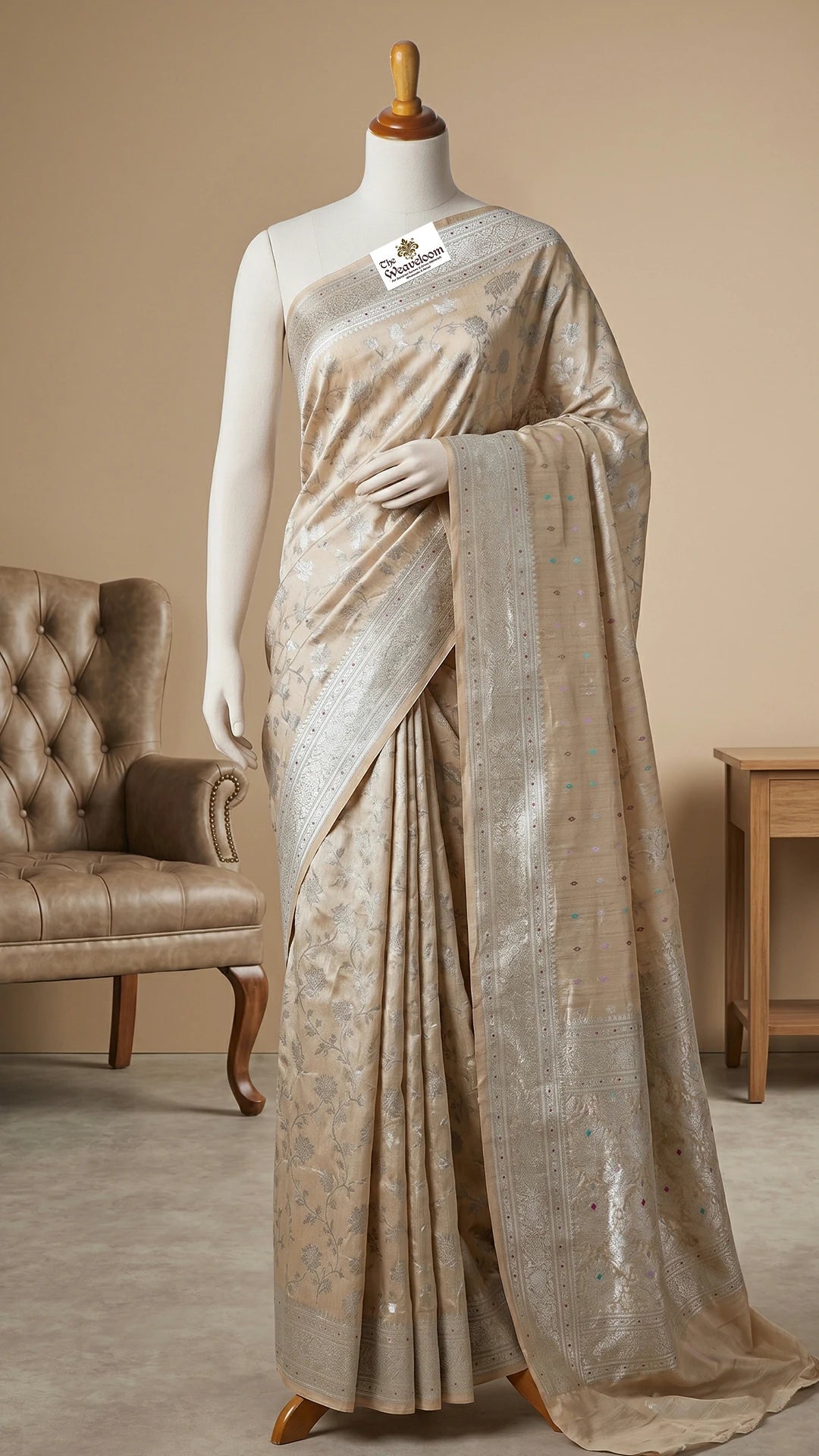 Ivory gold tussar dupion silk pure Banarasi saree with guldaudi floral jaal and meena bootis by The Weaveloom