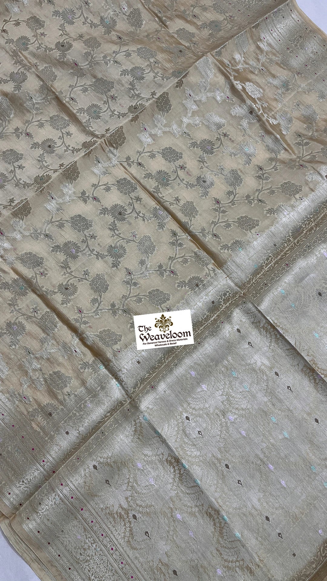 Ivory gold tussar dupion silk pure Banarasi saree with guldaudi floral jaal and meena bootis by The Weaveloom