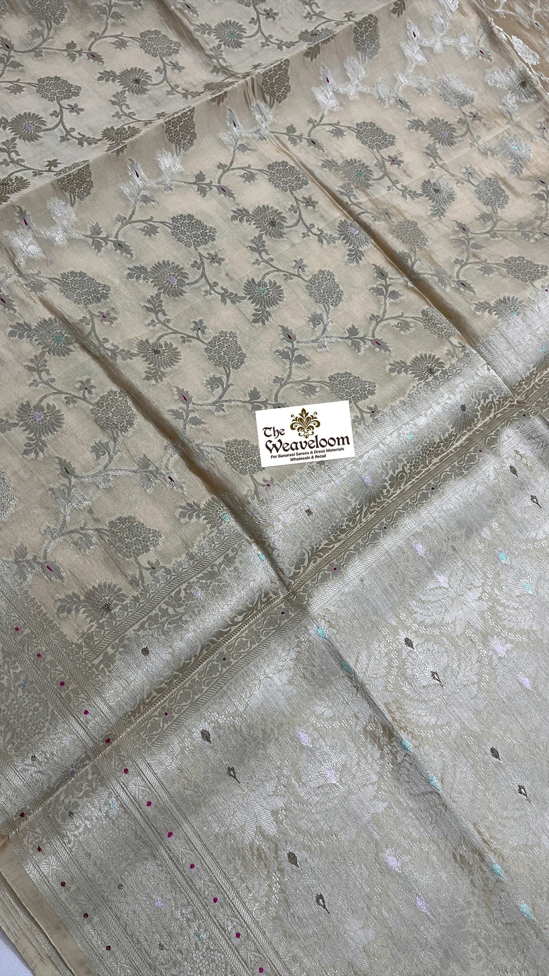 Ivory gold tussar dupion silk pure Banarasi saree with guldaudi floral jaal and meena bootis by The Weaveloom