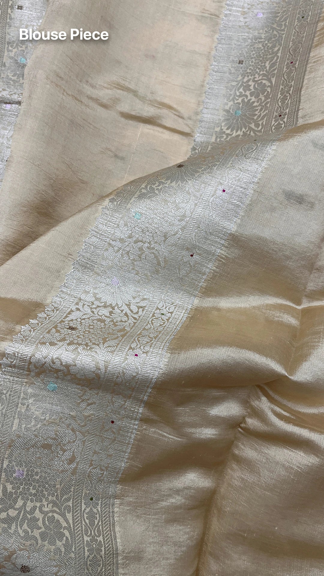 Ivory Gold Tussar Dupion Silk Pure Banarasi Saree | All-Over Guldaudi Floral Jaal with Meena Bootis
