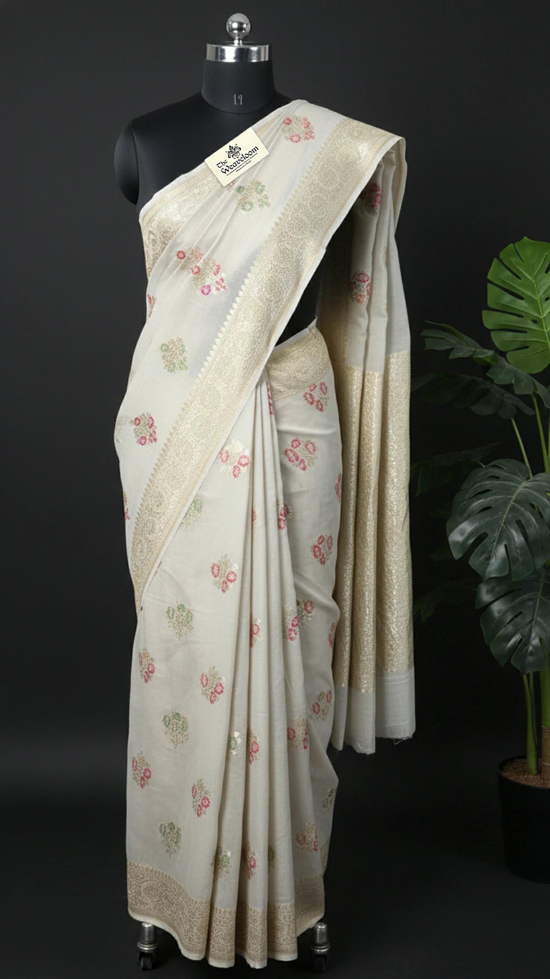 Ivory Pure Munga Silk Banarasi Saree with Meenakari Floral Motifs and Rich Zari Border by The Weaveloom