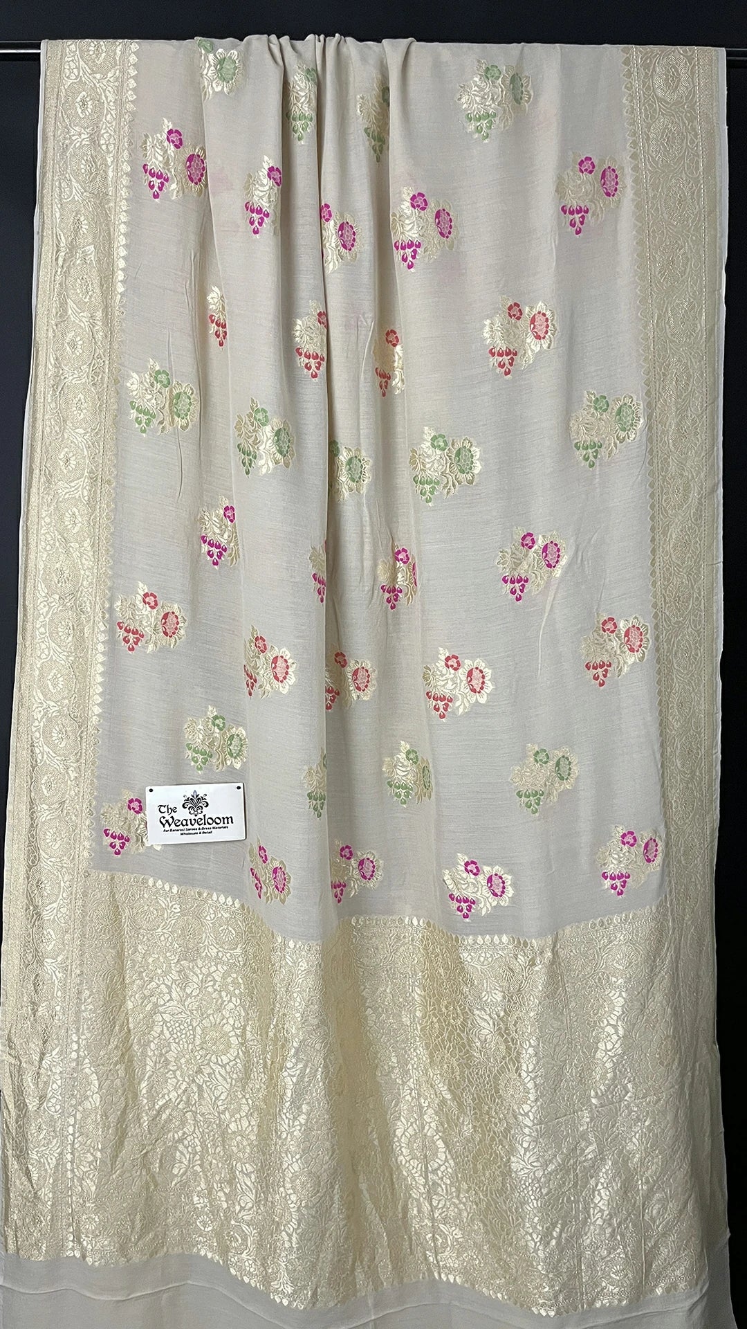 Ivory Pure Munga Silk Banarasi Saree with Meenakari Floral Motifs and Rich Zari Border by The Weaveloom