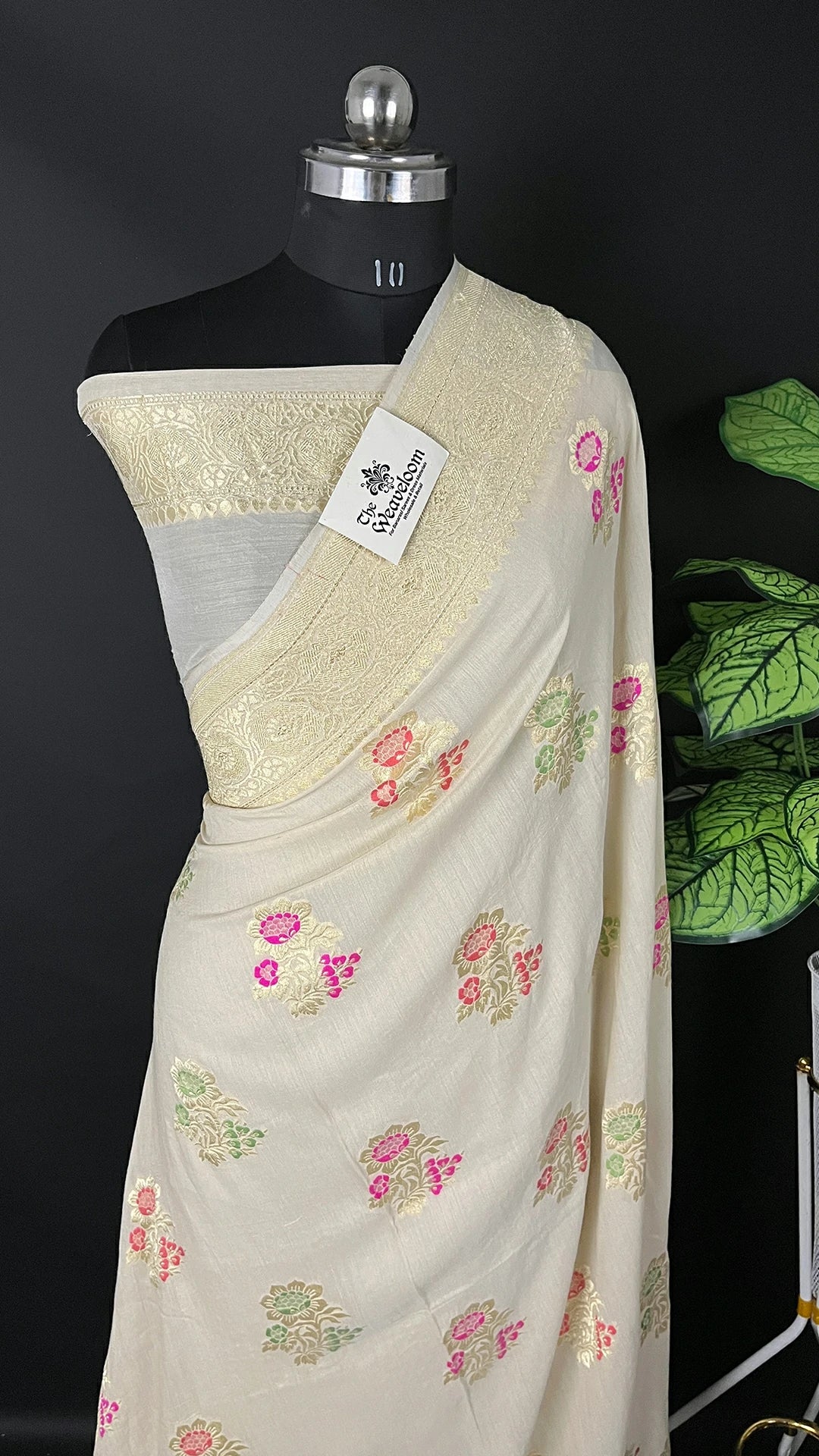 Ivory Pure Munga Silk Banarasi Saree with Meenakari Floral Motifs and Rich Zari Border by The Weaveloom