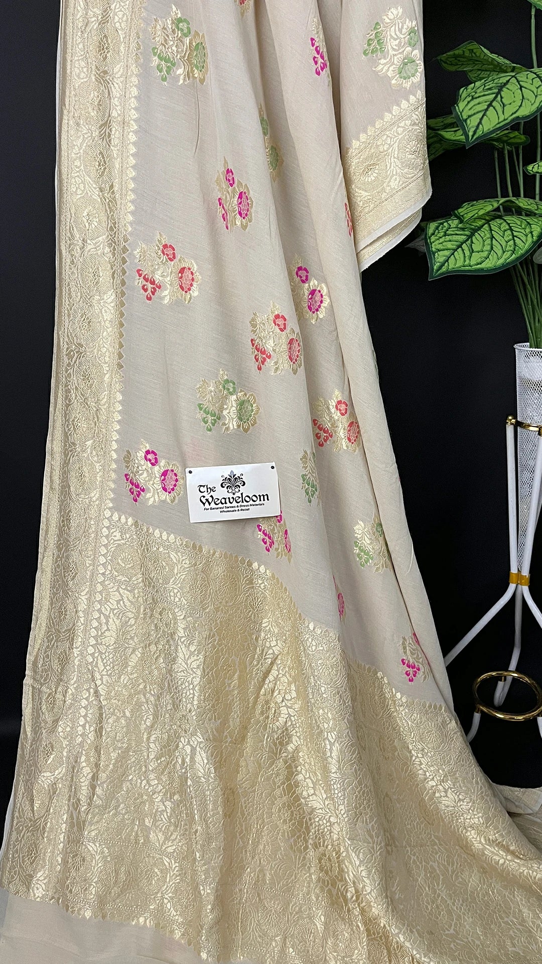 Ivory Pure Munga Silk Banarasi Saree with Meenakari Floral Motifs and Rich Zari Border by The Weaveloom