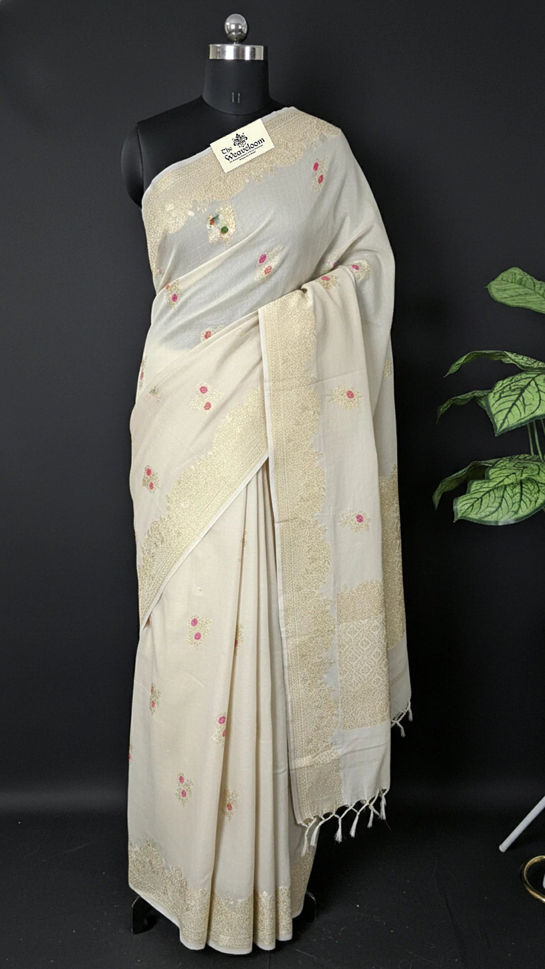 Ivory Pure Munga Silk Meenakari Banarasi Saree with Floral Motifs and Zari Border by The Weaveloom