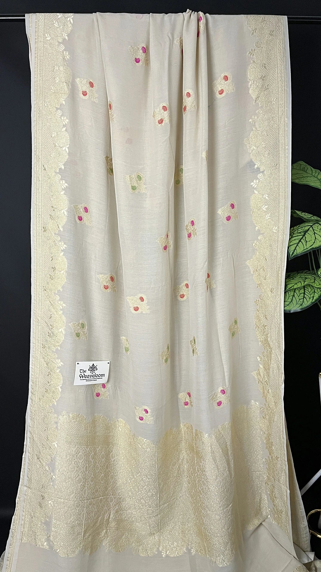 Ivory Pure Munga Silk Meenakari Banarasi Saree with Floral Motifs and Zari Border by The Weaveloom