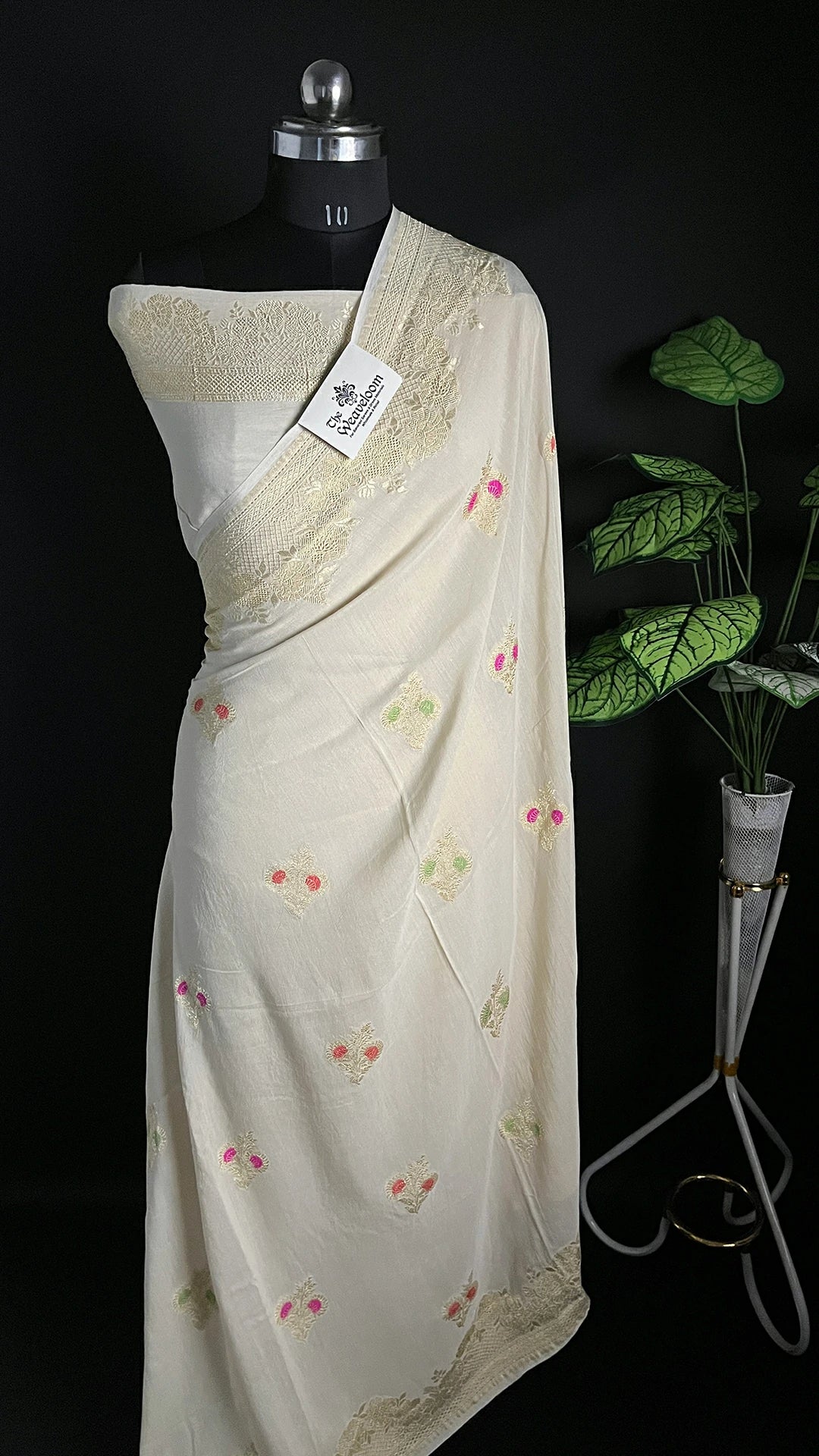 Ivory Pure Munga Silk Meenakari Banarasi Saree with Floral Motifs and Zari Border by The Weaveloom