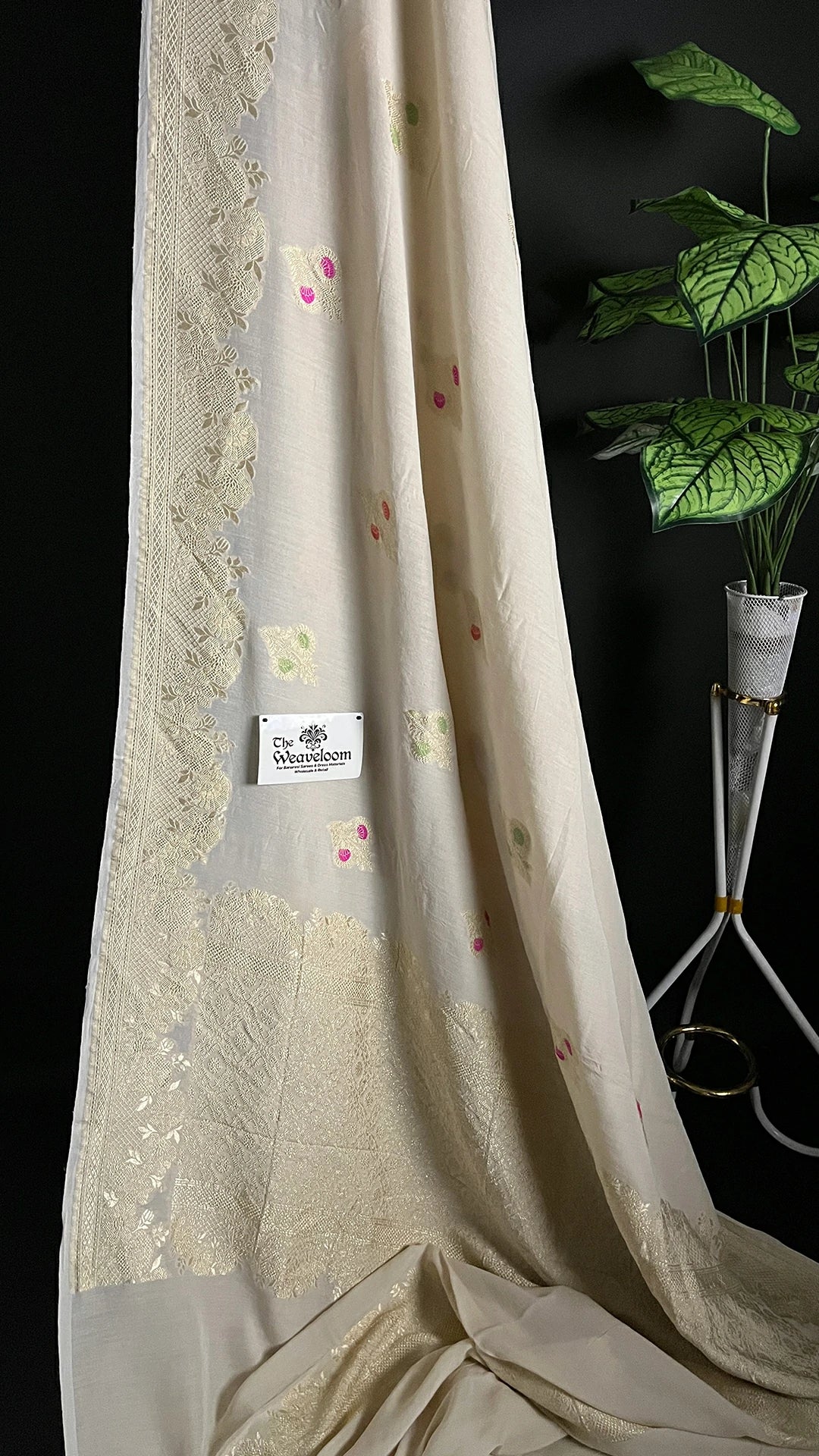 Ivory Pure Munga Silk Meenakari Banarasi Saree with Floral Motifs and Zari Border by The Weaveloom