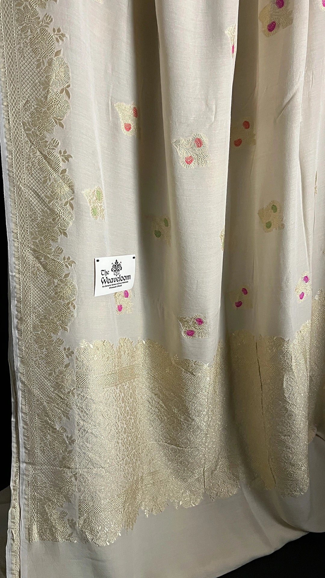 Ivory Pure Munga Silk Meenakari Banarasi Saree with Floral Motifs and Zari Border by The Weaveloom