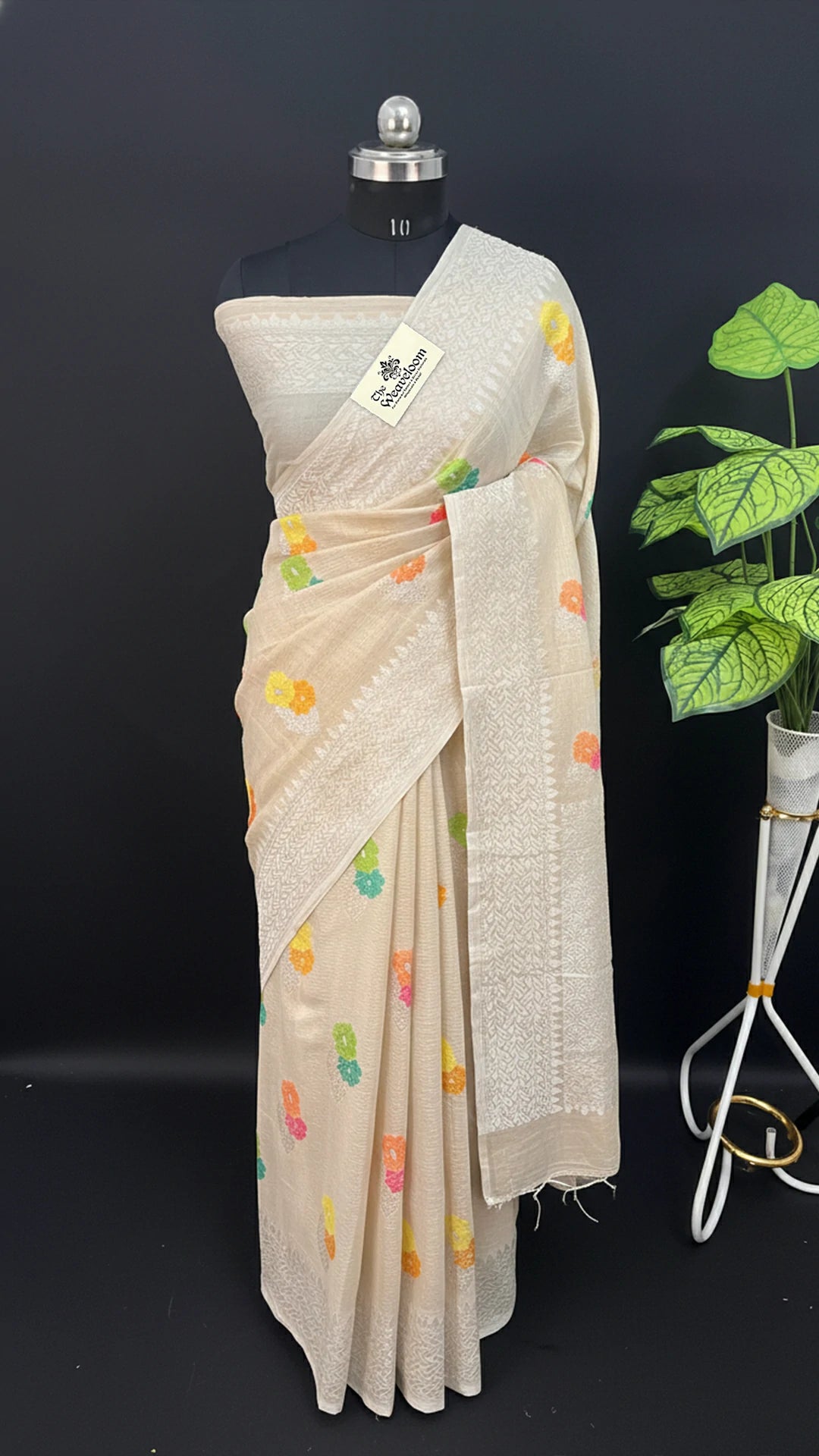 Ivory Pure Tussar Georgette Banarasi Saree with Pastel Meenakari Floral Motifs by The Weaveloom