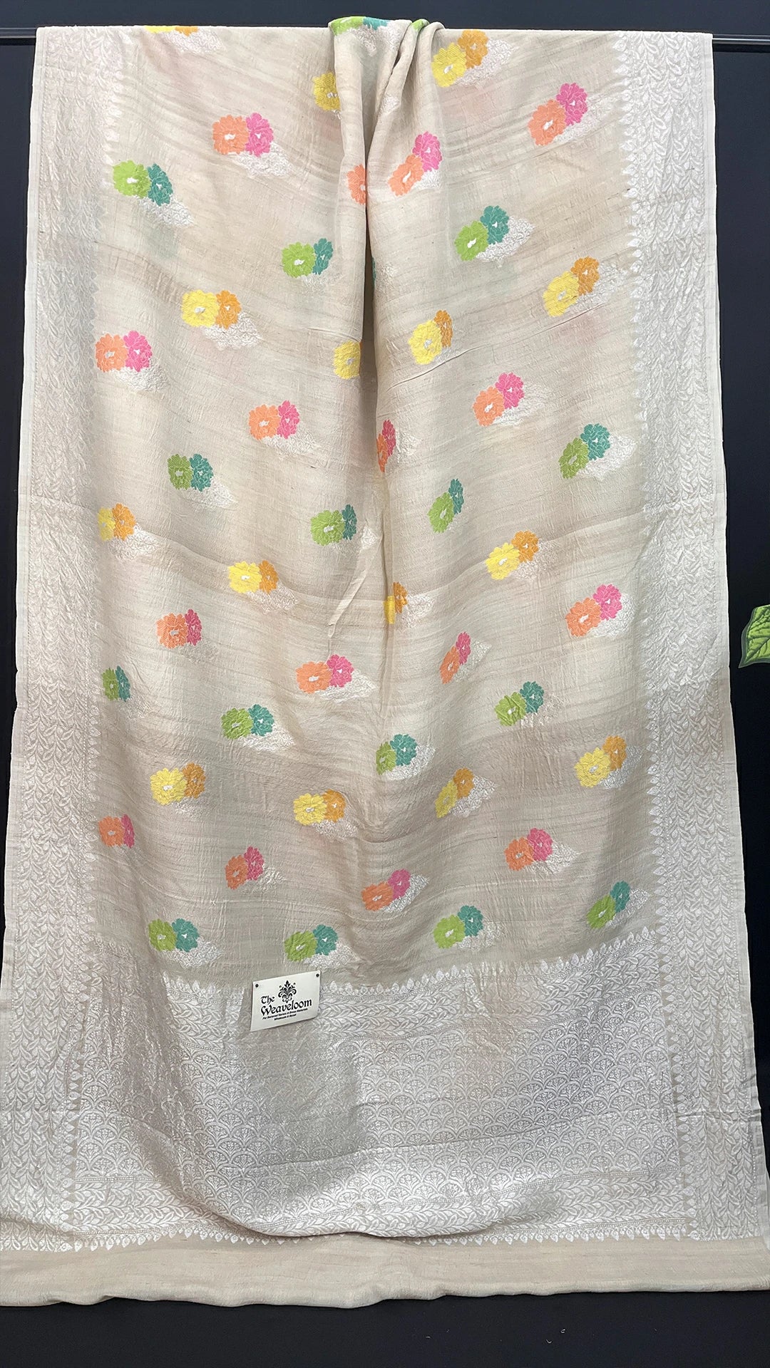 Ivory Pure Tussar Georgette Banarasi Saree with Pastel Meenakari Floral Motifs by The Weaveloom