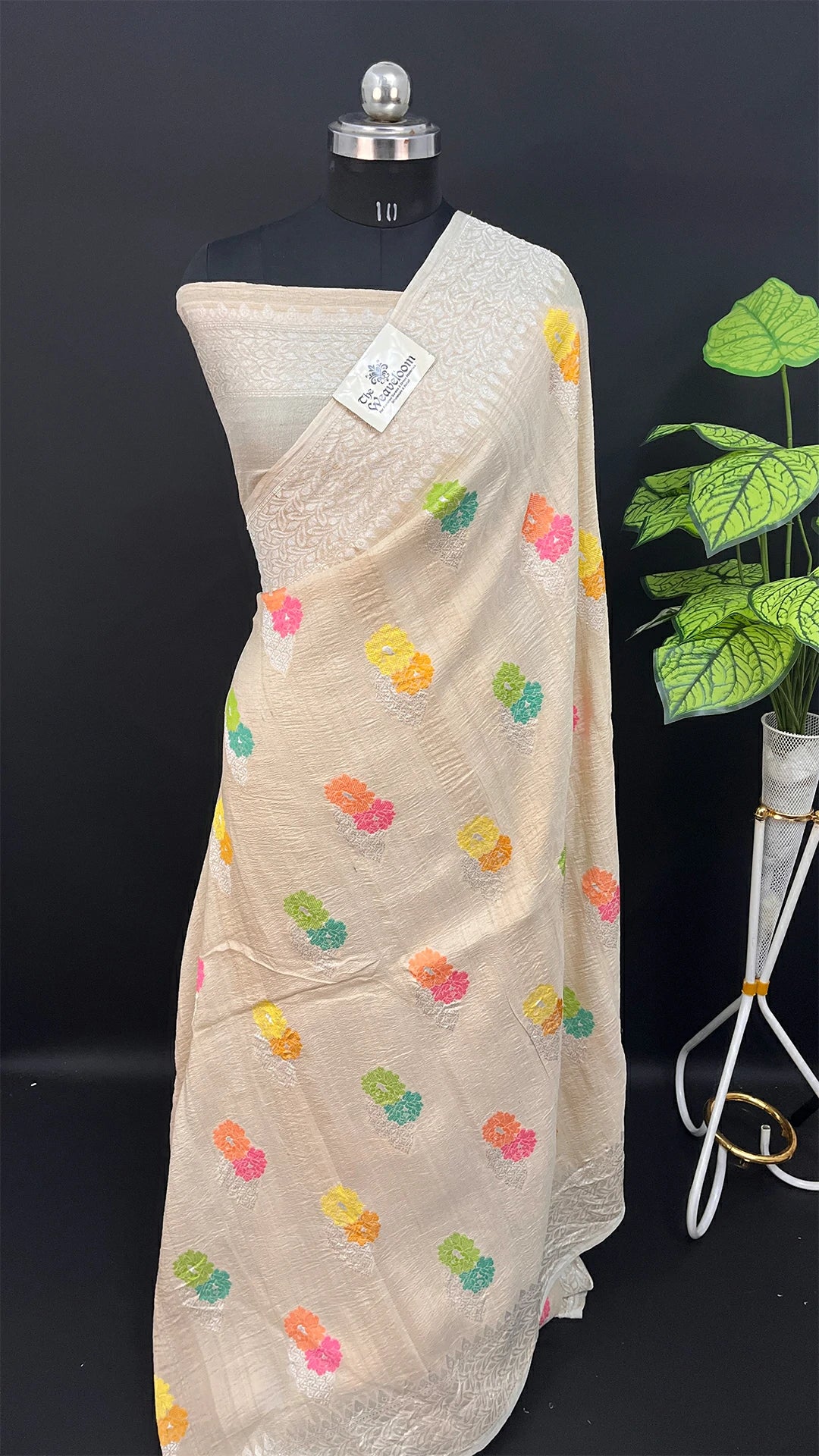 Ivory Pure Tussar Georgette Banarasi Saree with Pastel Meenakari Floral Motifs by The Weaveloom