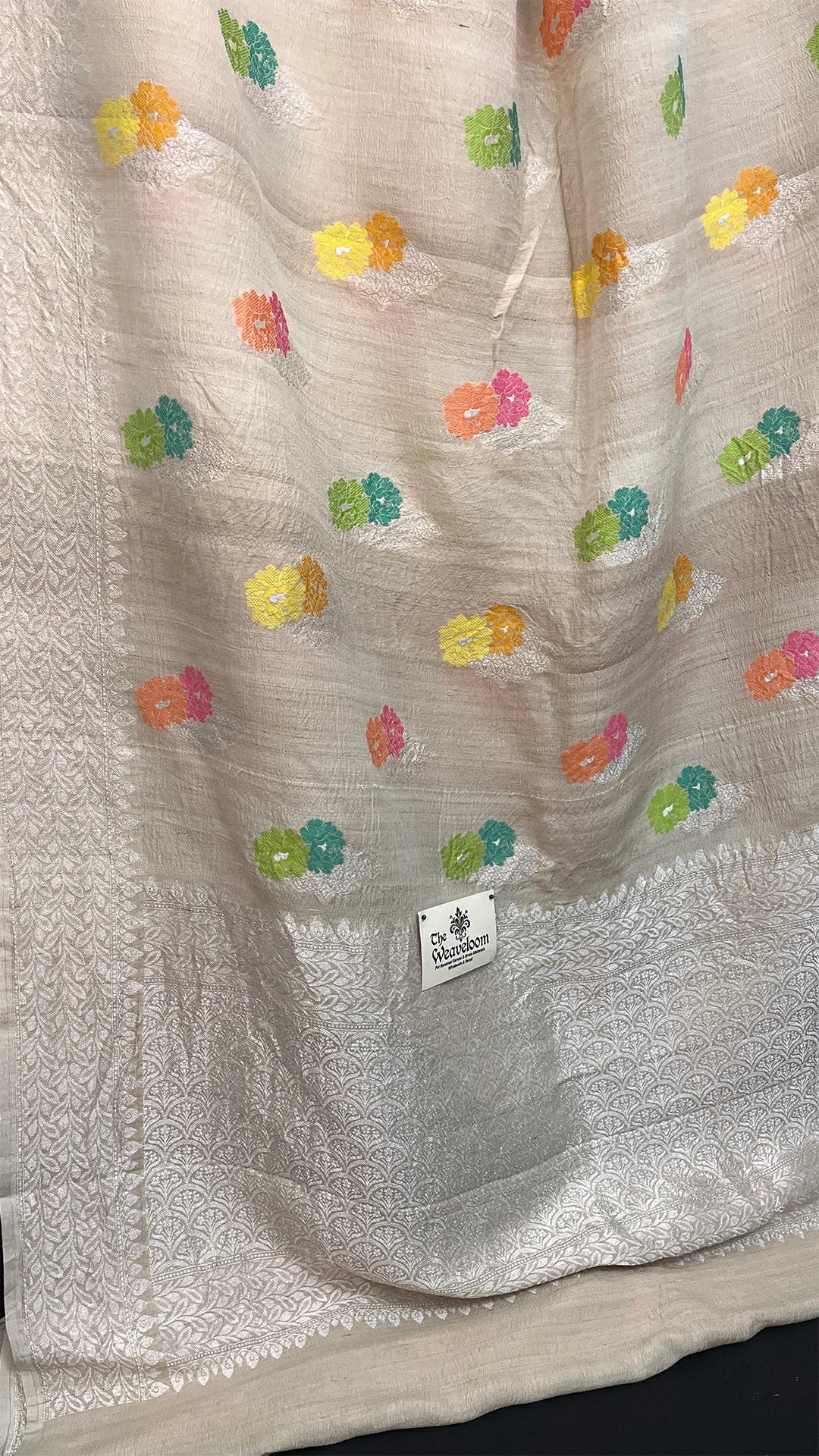 Ivory Pure Tussar Georgette Banarasi Saree with Pastel Meenakari Floral Motifs by The Weaveloom
