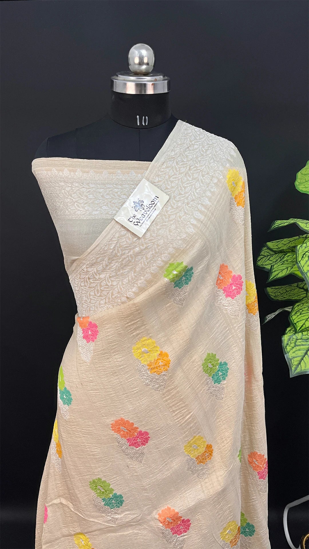 Ivory Pure Tussar Georgette Banarasi Saree with Pastel Meenakari Floral Motifs by The Weaveloom