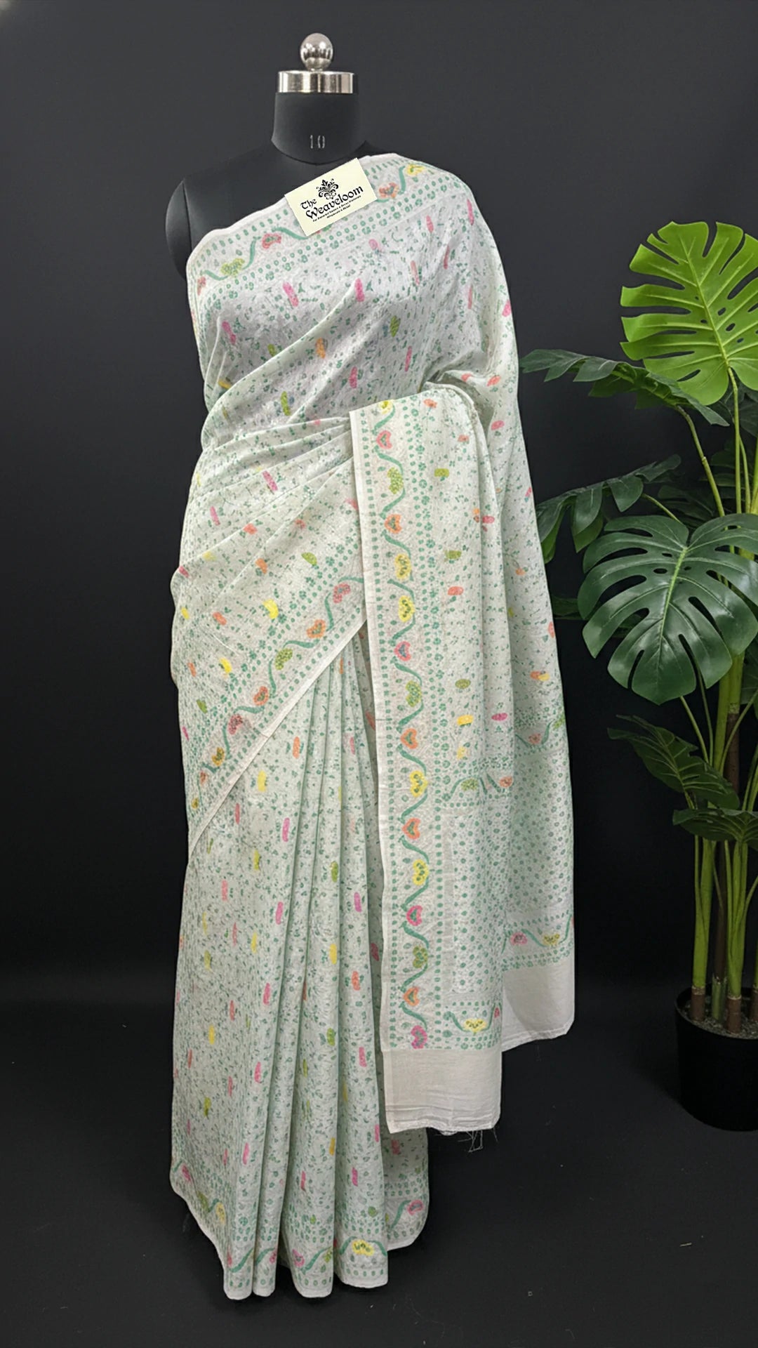 Ivory Pure Tussar Georgette Meenakari Banarasi Saree with Floral Motifs by The Weaveloom