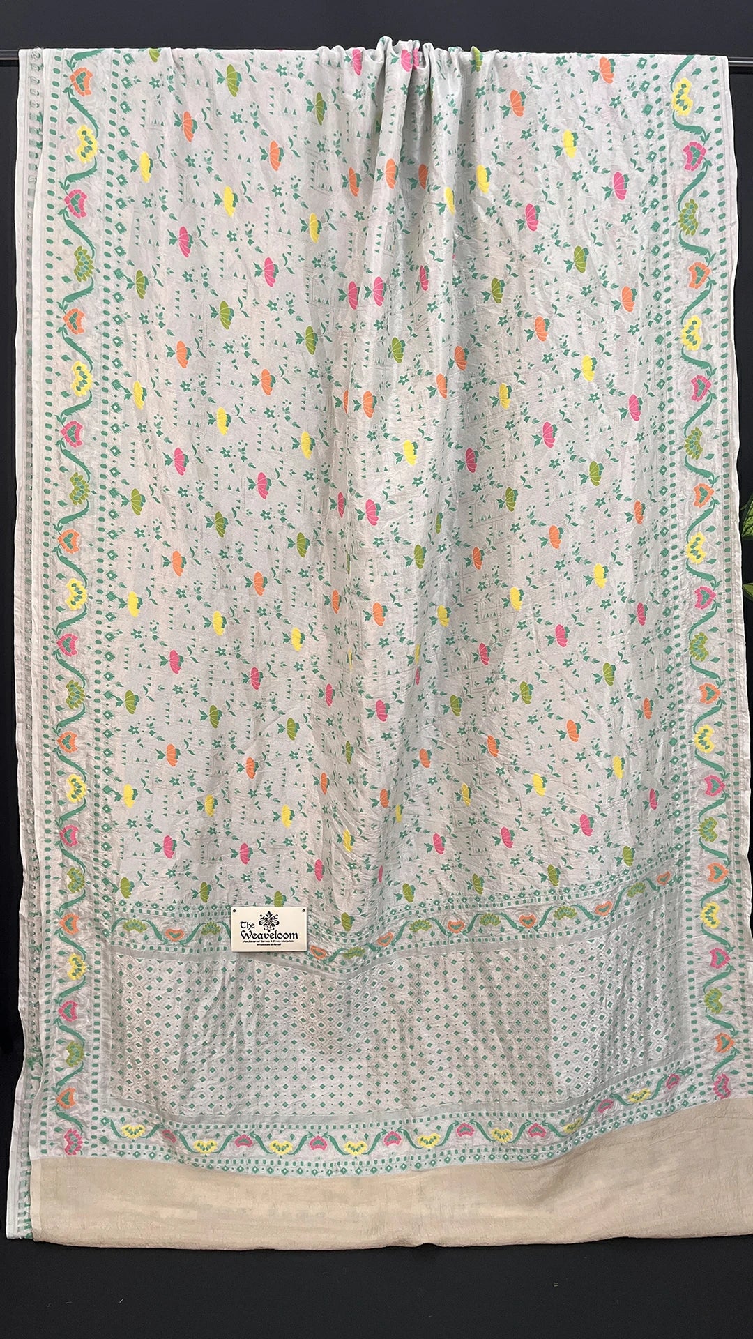 Ivory Pure Tussar Georgette Meenakari Banarasi Saree with Floral Motifs by The Weaveloom