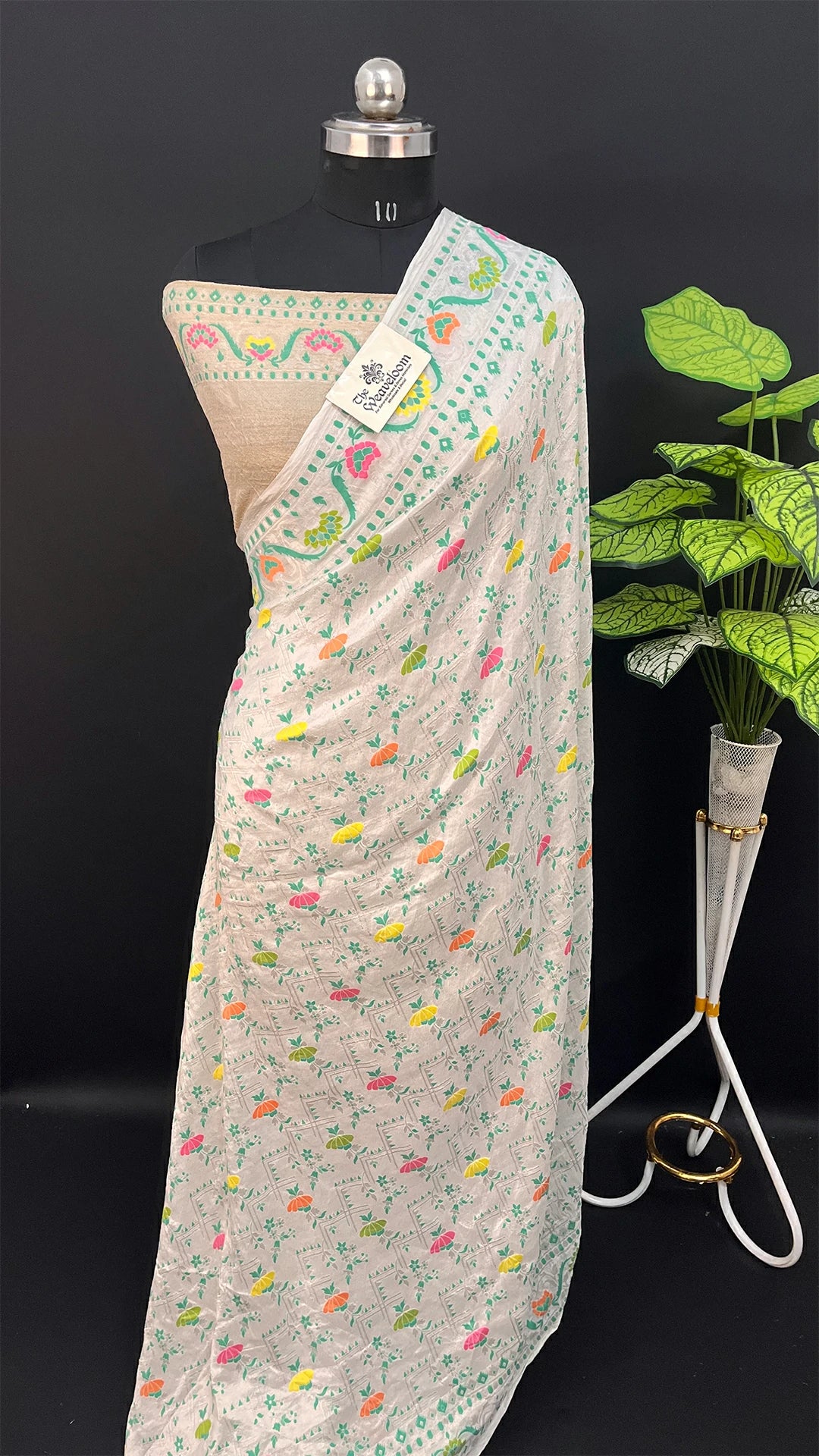 Ivory Pure Tussar Georgette Meenakari Banarasi Saree with Floral Motifs by The Weaveloom